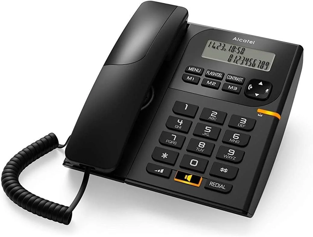 تلفن رومیزی سیم دار آلکاتل مدل T-58 مشکی با قابلیت نمایشگر شماره تماس گیرنده، بلندگو و طراحی جذاب (بسته 2 عددی)