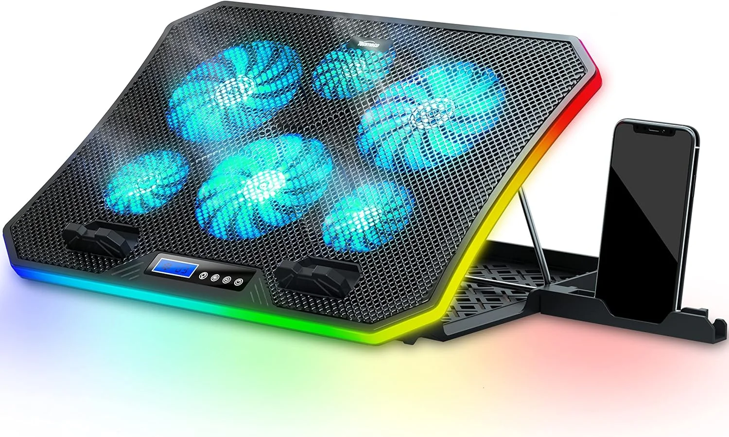 پایه خنک کننده لپ تاپ TopMate C12 RGB، کولر گیمینگ نوت بوک برای استفاده روی میز و لپ، پایه فن لپ تاپ با 8 ارتفاع قابل تنظیم با 6 فن بی صدا و نگهدارنده تلفن، برای لپ تاپ های 15.6-17.3 اینچی - نور LED آبی یخی