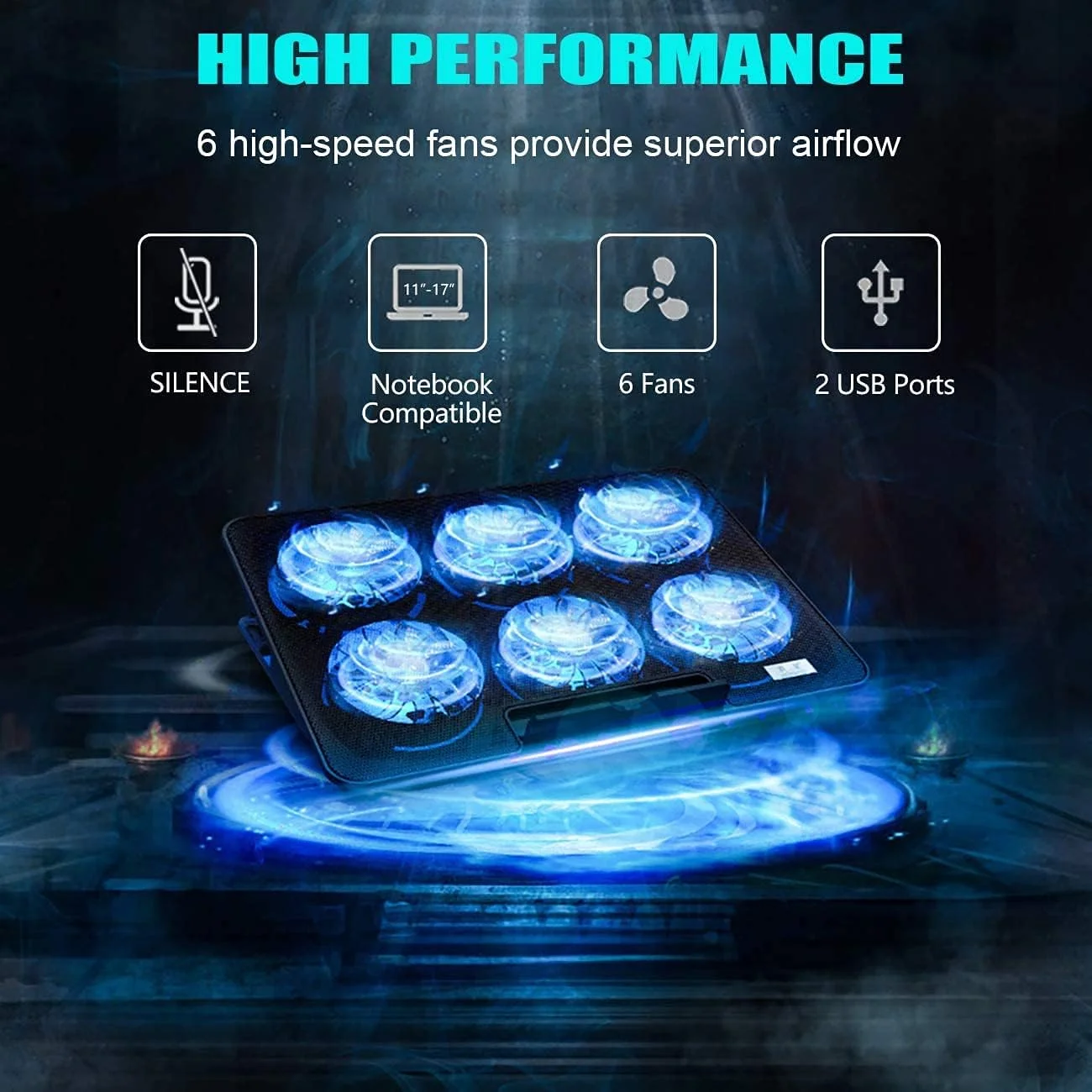 پایه خنک کننده لپ تاپ Necomi، استند خنک کننده لپ تاپ با 6 فن خنک کننده بی صدا و 6 ارتفاع قابل تنظیم، پایه خنک کننده لپ تاپ گیمینگ با دو پورت USB برای لپ تاپ های 12-17 اینچی