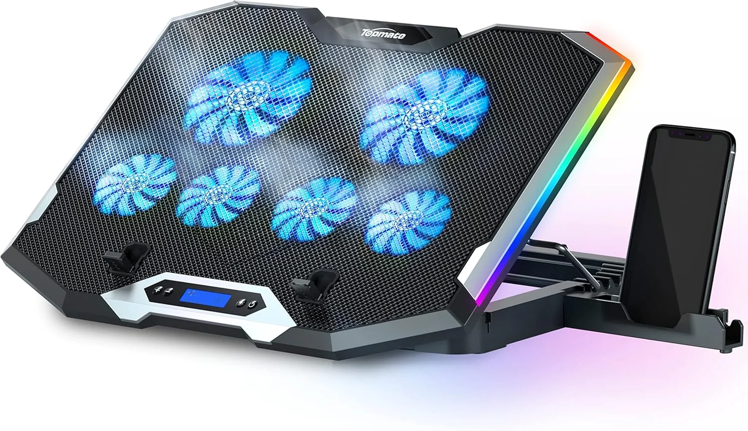 پایه خنک کننده لپ تاپ TopMate C11 RGB مخصوص بازی، فن خنک کننده نوت بوک با ارتفاع قابل تنظیم با 6 فن بی صدا و نگهدارنده تلفن، پد خنک کننده کامپیوتر، برای لپ تاپ های 15.6-17.3 اینچی - نور آبی LED