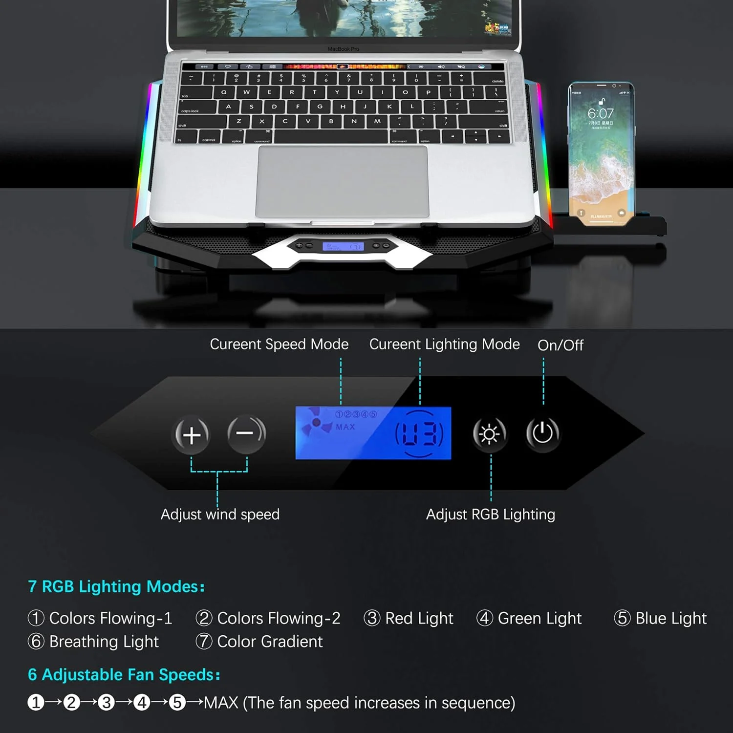 پایه خنک کننده لپ تاپ TopMate C11 RGB مخصوص بازی، فن خنک کننده نوت بوک با ارتفاع قابل تنظیم با 6 فن بی صدا و نگهدارنده تلفن، پد خنک کننده کامپیوتر، برای لپ تاپ های 15.6-17.3 اینچی - نور آبی LED پایه خنک کننده لپ تاپ TopMate C11 RGB مخصوص بازی، فن خنک کننده نوت بوک با ارتفاع قابل تنظیم با 6 فن بی صدا و نگهدارنده تلفن، پد خنک کننده کامپیوتر، برای لپ تاپ های 15.6-17.3 اینچی - نور آبی LED