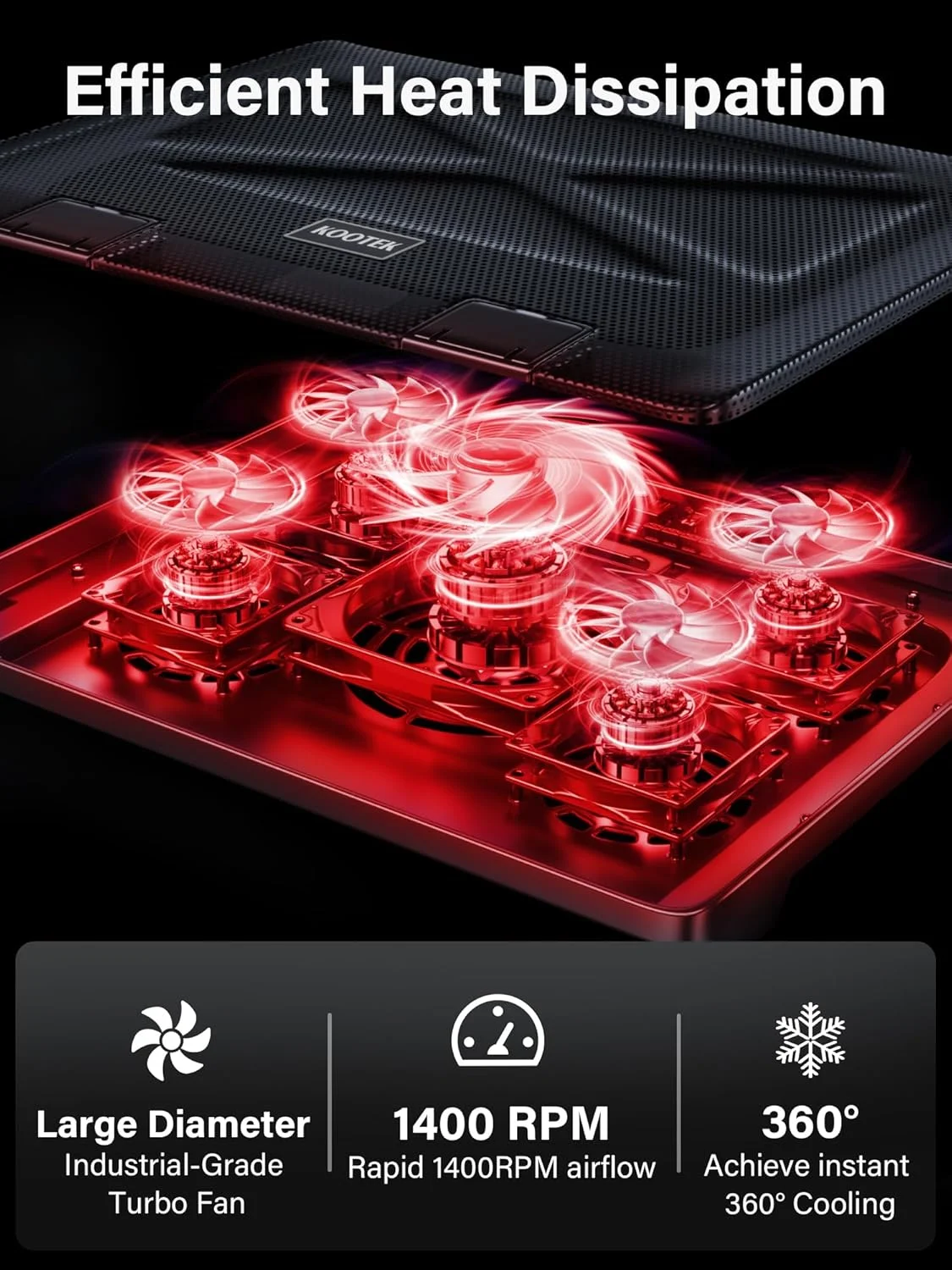 پد خنک کننده لپ تاپ Kootek سایز 12 تا 17 اینچ، زیر لپ تاپی با 5 فن بی صدا، پایه قابل تنظیم، نور LED و 2 پورت USB 2.0 (قرمز)