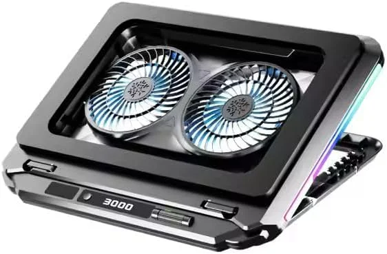پد خنک کننده لپ تاپ SIMA RGB مدل V2، دارای دو فن 14 سانتی متری، فوم سیل برای خنک کننده سریع، کنترل سرعت متغیر بی نهایت، ورودی USB Type C، خروجی برق Type A، صفحه نمایش LCD، برای لپ تاپ های 15.6-21 اینچ، 3000 دور در دقیقه