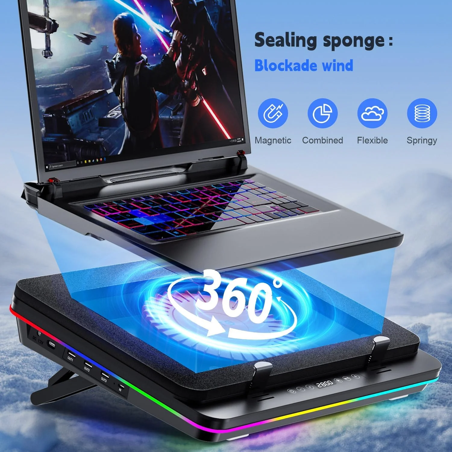 پد خنک کننده لپ تاپ IETS GT600 RGB با فن توربو غول پیکر (قطر 5.5 اینچ)، فوم مهر و موم شده برای خنک کننده سریع، کولر لپ تاپ