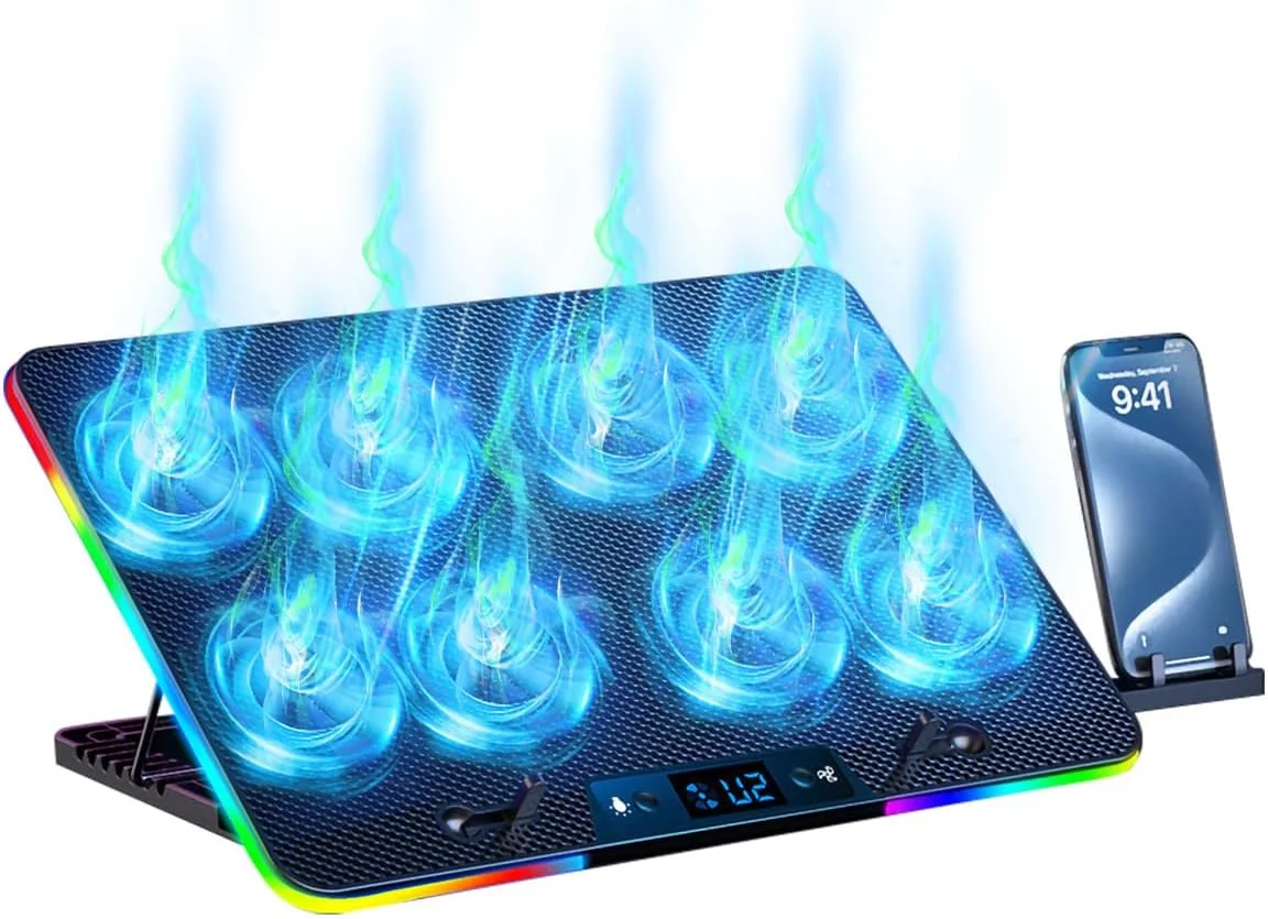 پایه خنک کننده لپ تاپ Cestbella، پد خنک کننده لپ تاپ RGB با 8 فن بی صدا، خنک کننده نوت بوک گیمینگ برای لپ تاپ های 12-17 اینچی، پد خنک کننده کامپیوتر قابل تنظیم با 7 ارتفاع با نور LED، خنک کننده PC