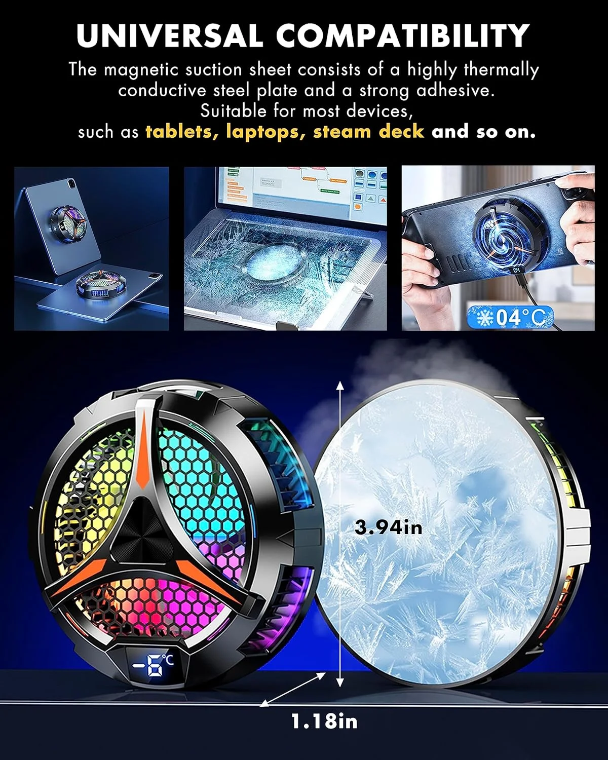 خنک کننده آیپد ACEDAYS، خنک کننده مغناطیسی تبلت برای آیپد/سرفیس پرو/تب سامسونگ، سازگار با استیم دک، رادیاتور جهانی با نمایشگر دما برای بازی های موبایلی، پخش زنده تیک تاک
