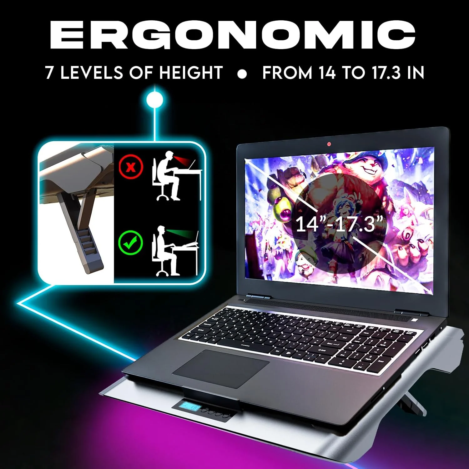 پد خنک کننده لپ تاپ KLIM Everest | فن های توربو قدرتمند 4300 دور در دقیقه | فوم مهر و موم شده برای حداکثر خنک سازی | از گرم شدن بیش از حد لپ تاپ گیمینگ خود محافظت کنید | مناسب برای لپ تاپ های 14 تا 17.3 اینچی | چراغ های RGB