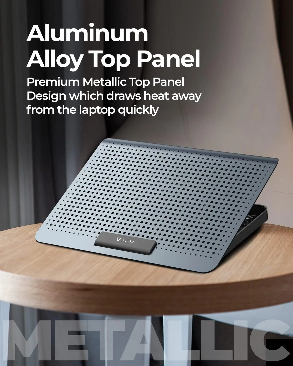 پد خنک کننده لپ تاپ آلومینیومی RAEGR RapidCool 900 | دو پورت USB | با تنظیم چند زاویه ای و سرعت باد قابل تنظیم، پشتیبانی فلزی | بافل تاشو ضد لغزش | سازگار با لپ تاپ های تا 17 اینچ
