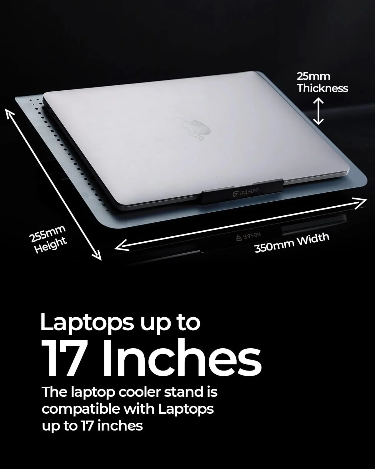 پد خنک کننده لپ تاپ آلومینیومی RAEGR RapidCool 900 | دو پورت USB | با تنظیم چند زاویه ای و سرعت باد قابل تنظیم، پشتیبانی فلزی | بافل تاشو ضد لغزش | سازگار با لپ تاپ های تا 17 اینچ