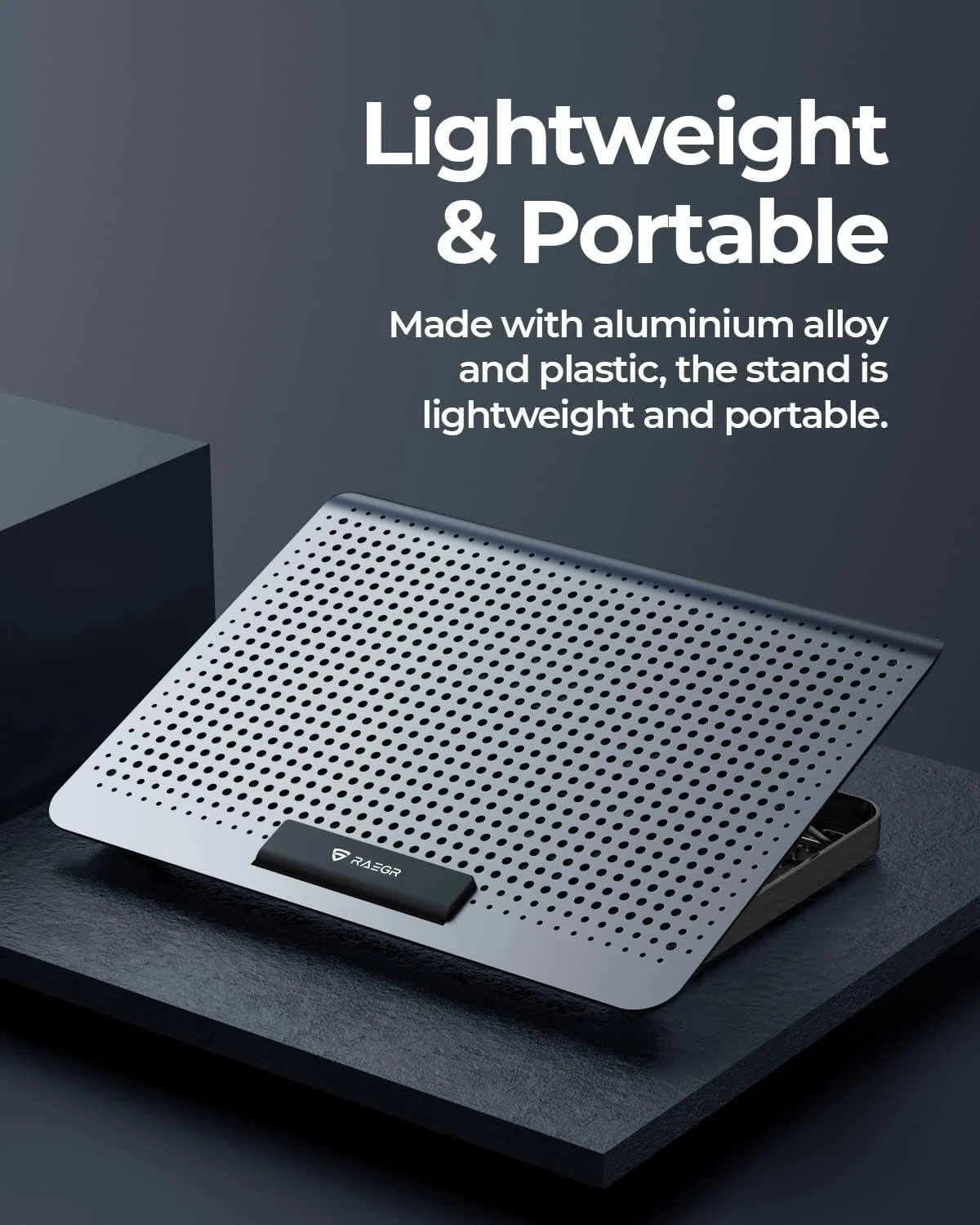پد خنک کننده لپ تاپ آلومینیومی RAEGR RapidCool 900 | دو پورت USB | با تنظیم چند زاویه ای و سرعت باد قابل تنظیم، پشتیبانی فلزی | بافل تاشو ضد لغزش | سازگار با لپ تاپ های تا 17 اینچ