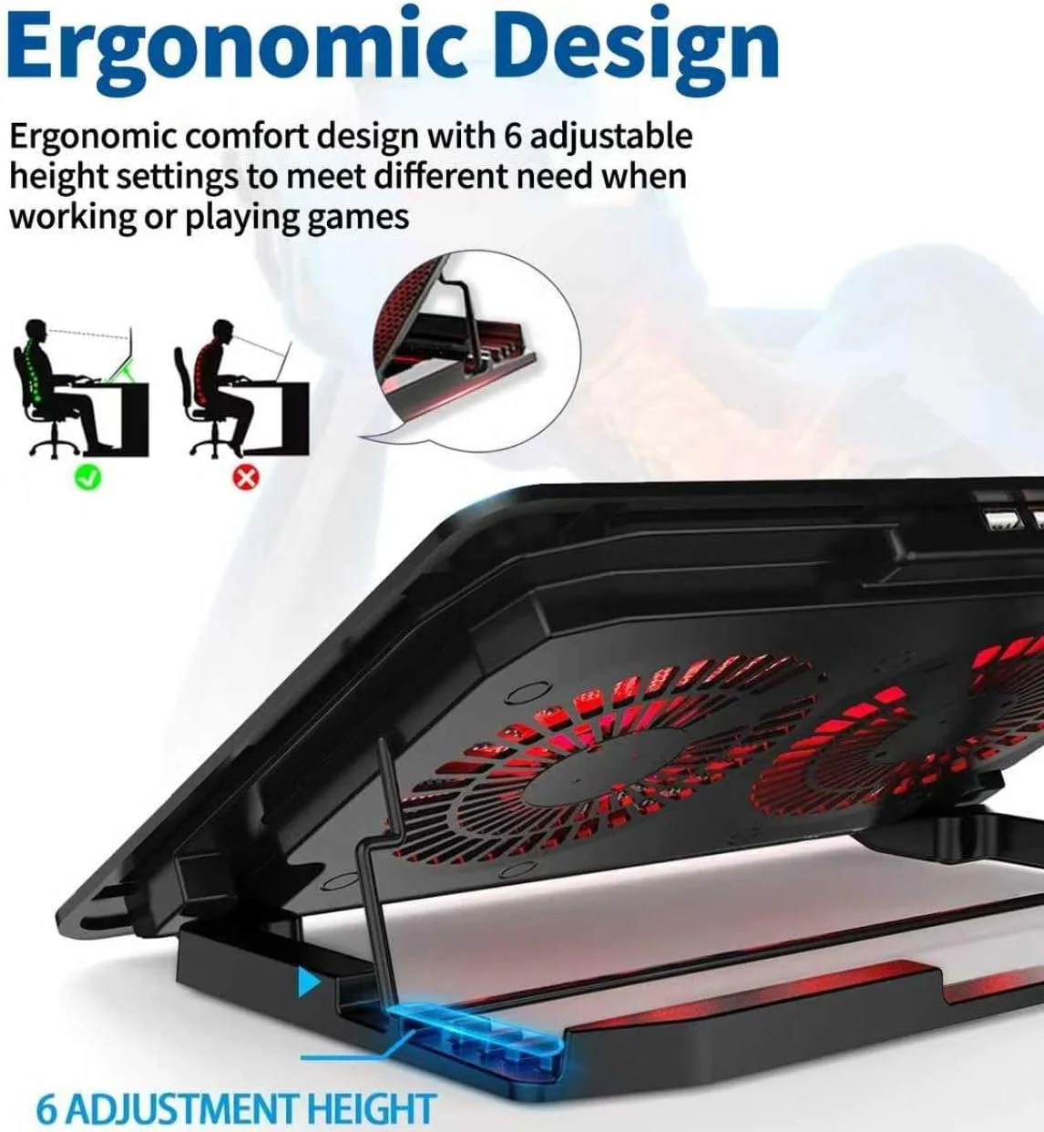 پد خنک کننده لپ تاپ، کولر لپ تاپ گیمینگ برای میز، پایه خنک کننده لپ تاپ با 2 فن بی صدا، کولر نوت بوک گیمینگ برای لپ تاپ های 12-16 اینچی، تشک خنک کننده کامپیوتر با قابلیت تنظیم ارتفاع در 6 حالت، دارای دو پورت USB