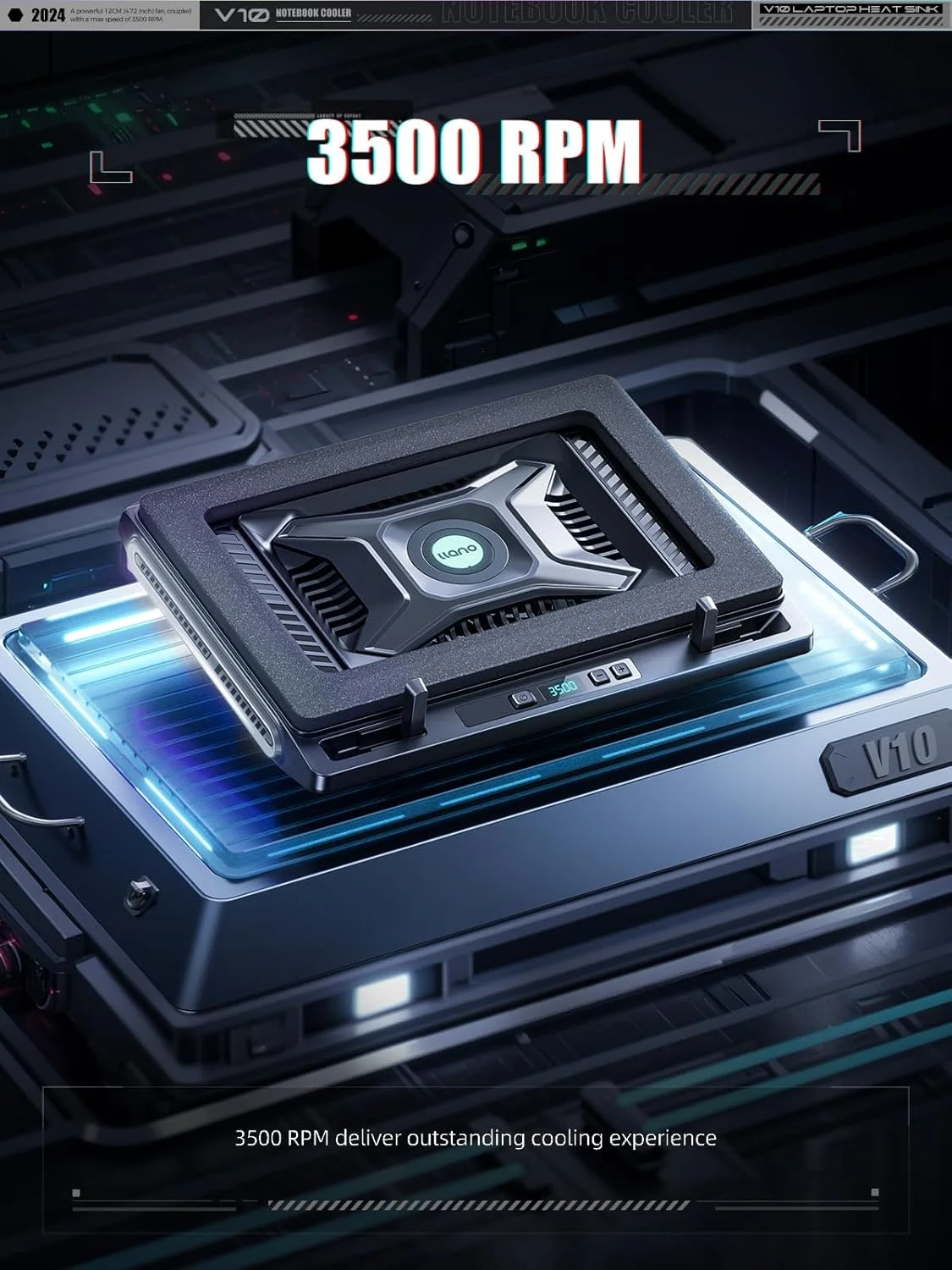 خنک کننده لپ تاپ گیمینگ llano V10، پایه پد خنک کننده لپ تاپ با فن توربو خارجی قدرتمند 4.72 اینچی، خنک کننده سریع کامپیوتر 13-17.3 اینچی، کنترل دکمه ای، 3 پایه قابل تنظیم (مشکی)