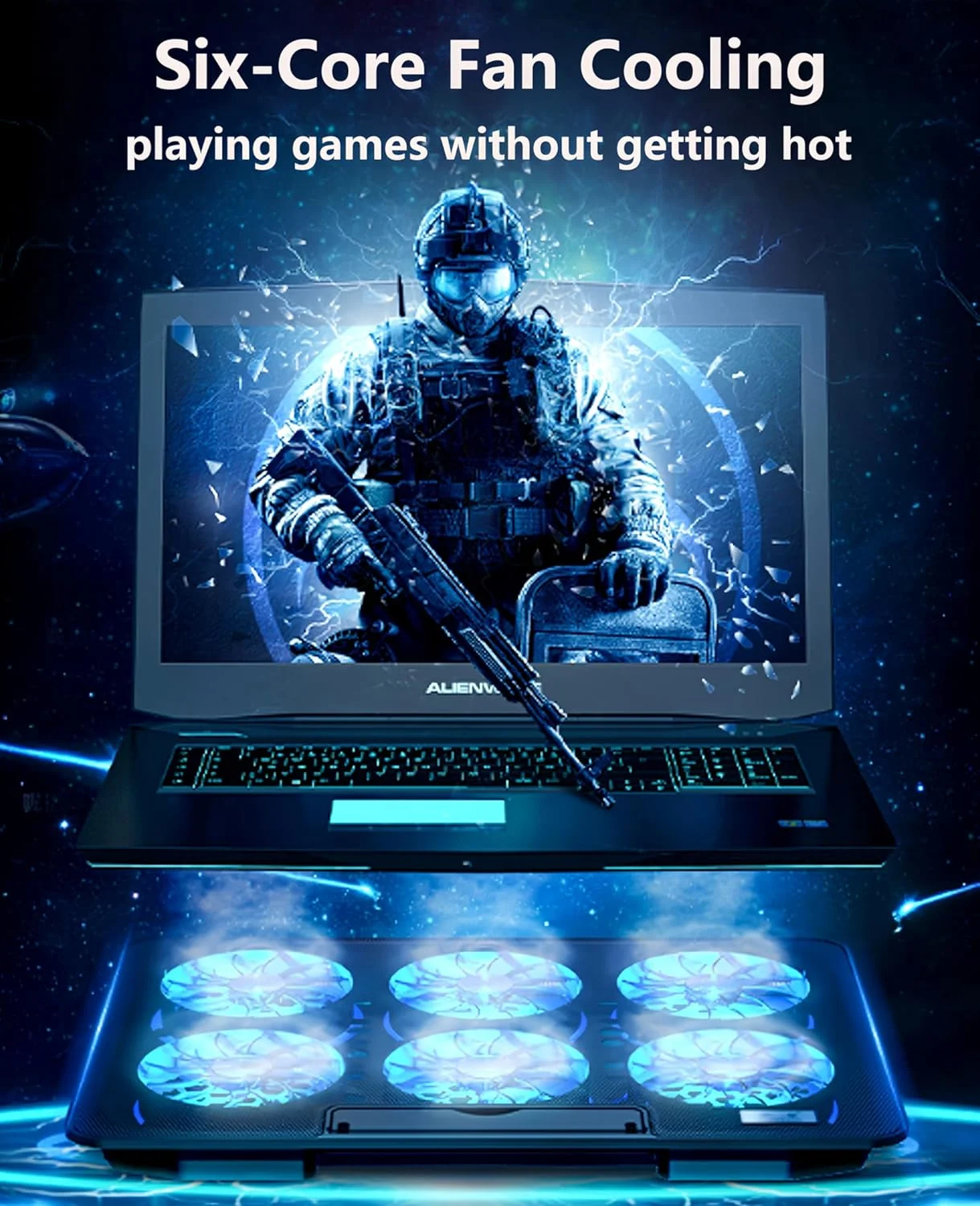 پد خنک کننده لپ تاپ Moninsta با 6 فن LED بی صدا برای لپ تاپ های 12-17 اینچی، کولر لپ تاپ گیمینگ قابل حمل فوق العاده باریک با USB، عملکرد سرعت فن کنترل سوئیچ