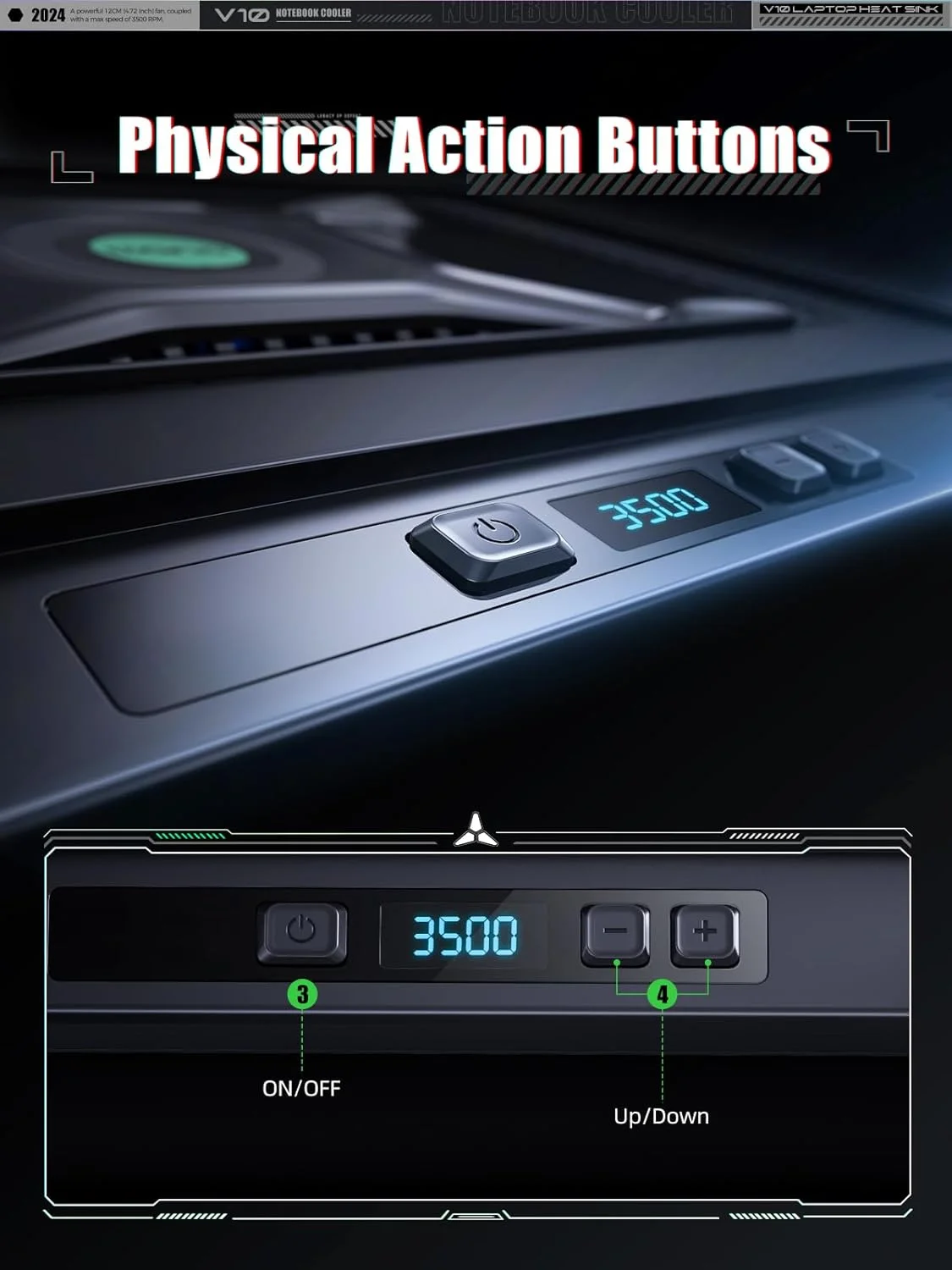 خنک کننده لپ تاپ گیمینگ llano V10، پایه پد خنک کننده لپ تاپ با فن توربو خارجی قدرتمند 4.72 اینچی، خنک کننده سریع کامپیوتر 13-17.3 اینچی، کنترل دکمه ای، 3 پایه قابل تنظیم (مشکی)