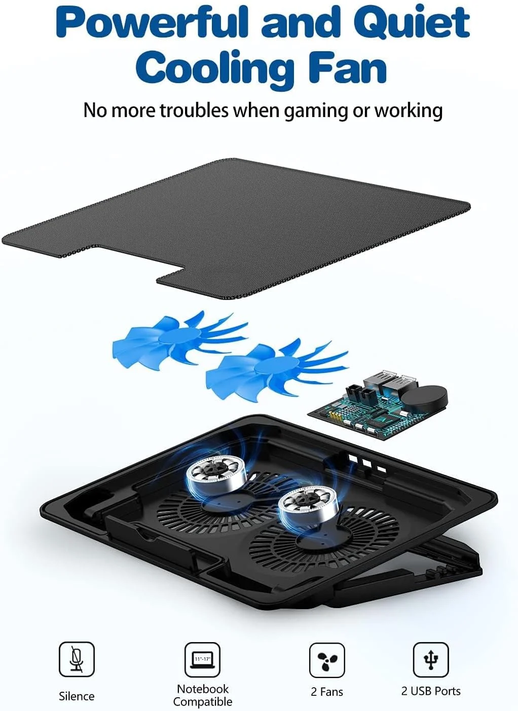 پد خنک کننده لپ تاپ، کولر لپ تاپ گیمینگ برای میز، پایه خنک کننده لپ تاپ با 2 فن بی صدا، کولر نوت بوک گیمینگ برای لپ تاپ های 12-16 اینچی، تشک خنک کننده کامپیوتر با قابلیت تنظیم ارتفاع در 6 حالت، دارای دو پورت USB