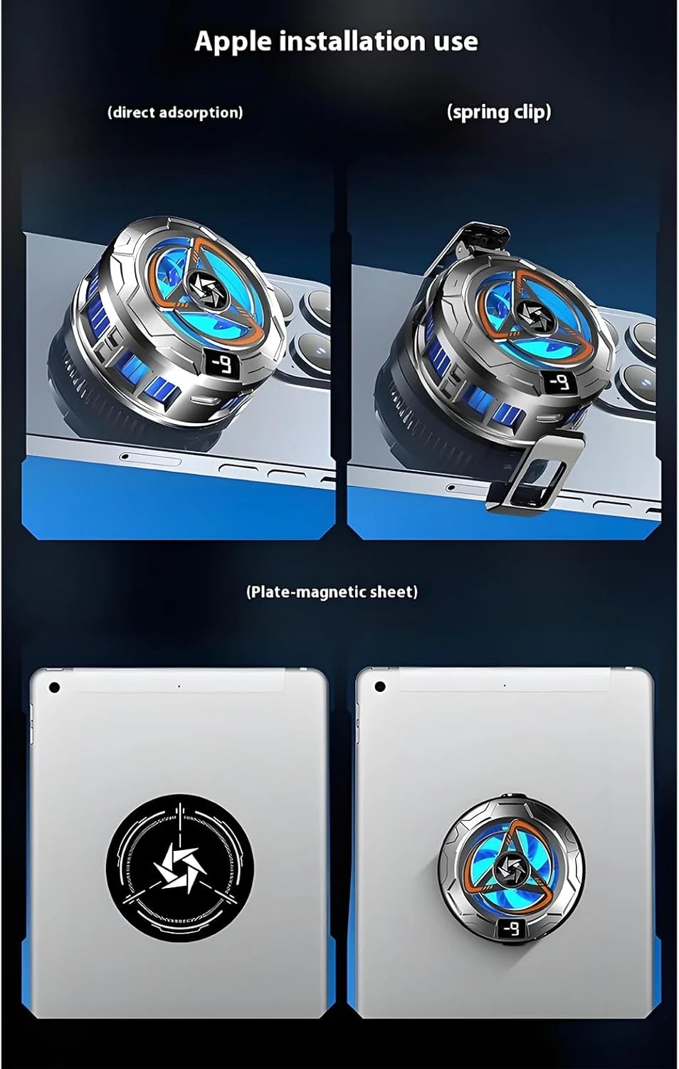 خنک کننده تبلت گیمینگ ALISMAEEL، خنک کننده مغناطیسی تبلت برای آیپد/سرفیس پرو/سامسونگ تب/استیم دک، قاب خنک کننده آیپد با مانیتور دما، نور LED گیمینگ برای بازی موبایل، پخش زنده تیک تاک