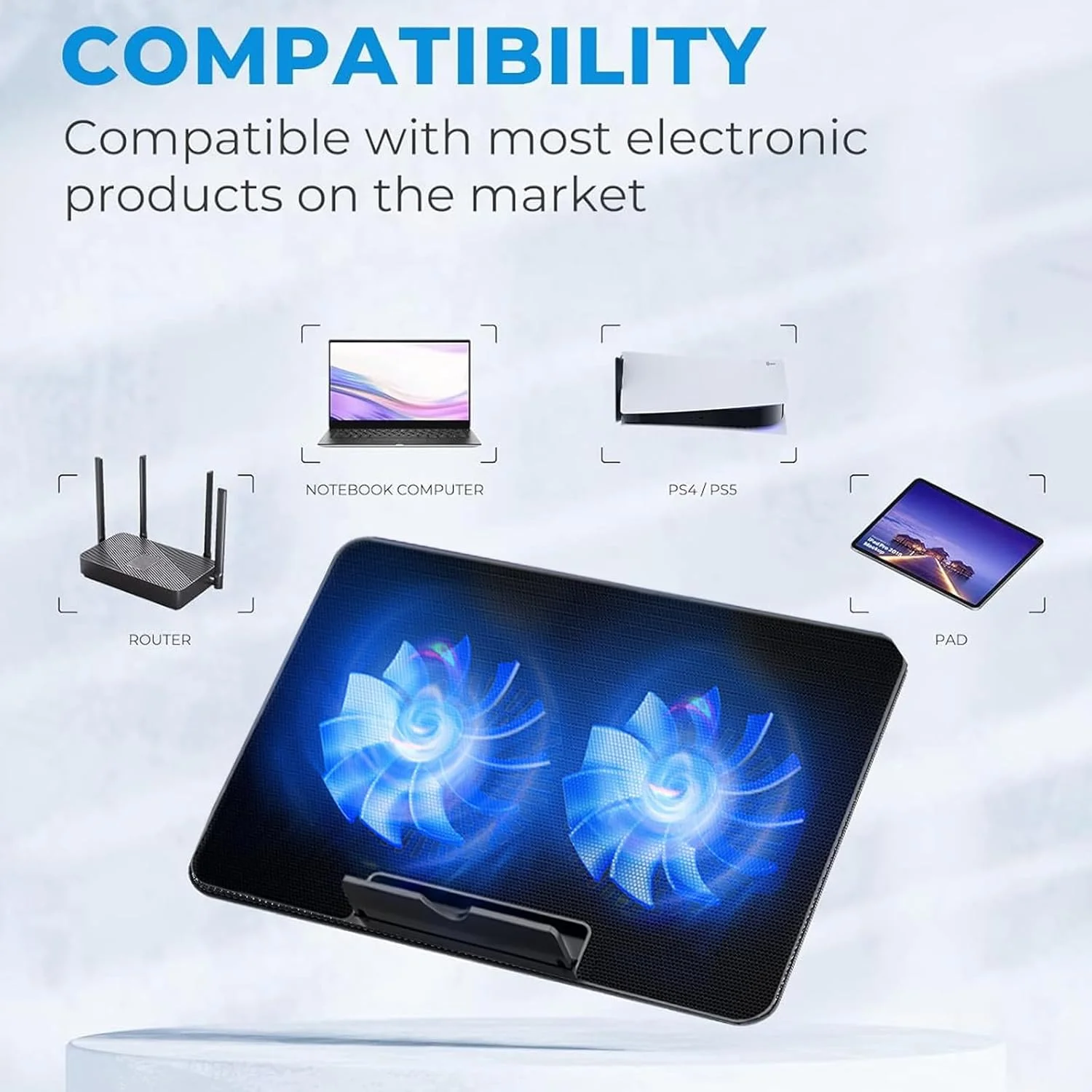 پد خنک کننده لپ تاپ، کولر لپ تاپ گیمینگ برای میز، پایه خنک کننده لپ تاپ با 2 فن بی صدا، کولر نوت بوک گیمینگ برای لپ تاپ های 12-16 اینچی، تشک خنک کننده کامپیوتر با قابلیت تنظیم ارتفاع در 6 حالت، دارای دو پورت USB