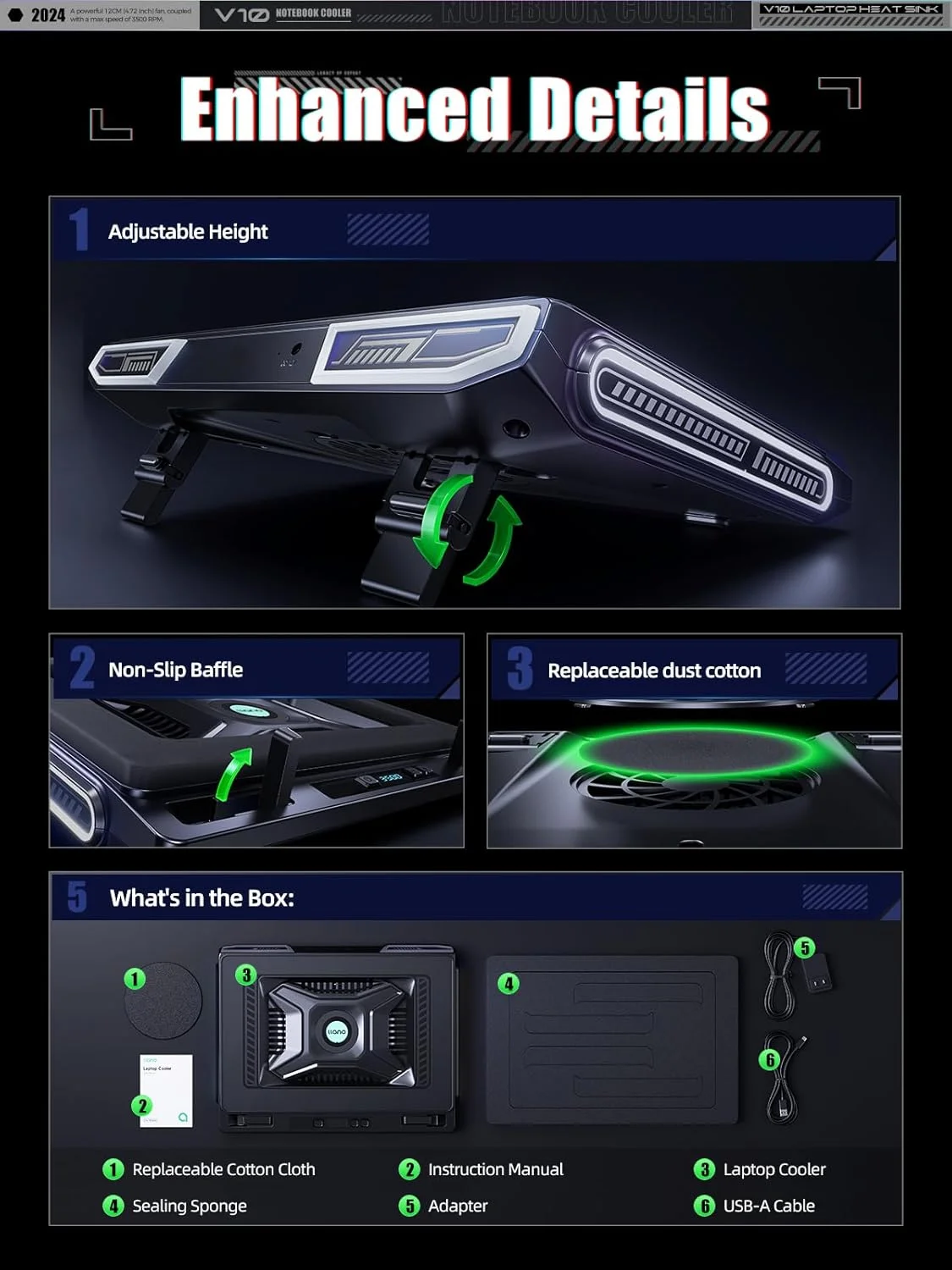 خنک کننده لپ تاپ گیمینگ llano V10، پایه پد خنک کننده لپ تاپ با فن توربو خارجی قدرتمند 4.72 اینچی، خنک کننده سریع کامپیوتر 13-17.3 اینچی، کنترل دکمه ای، 3 پایه قابل تنظیم (مشکی)