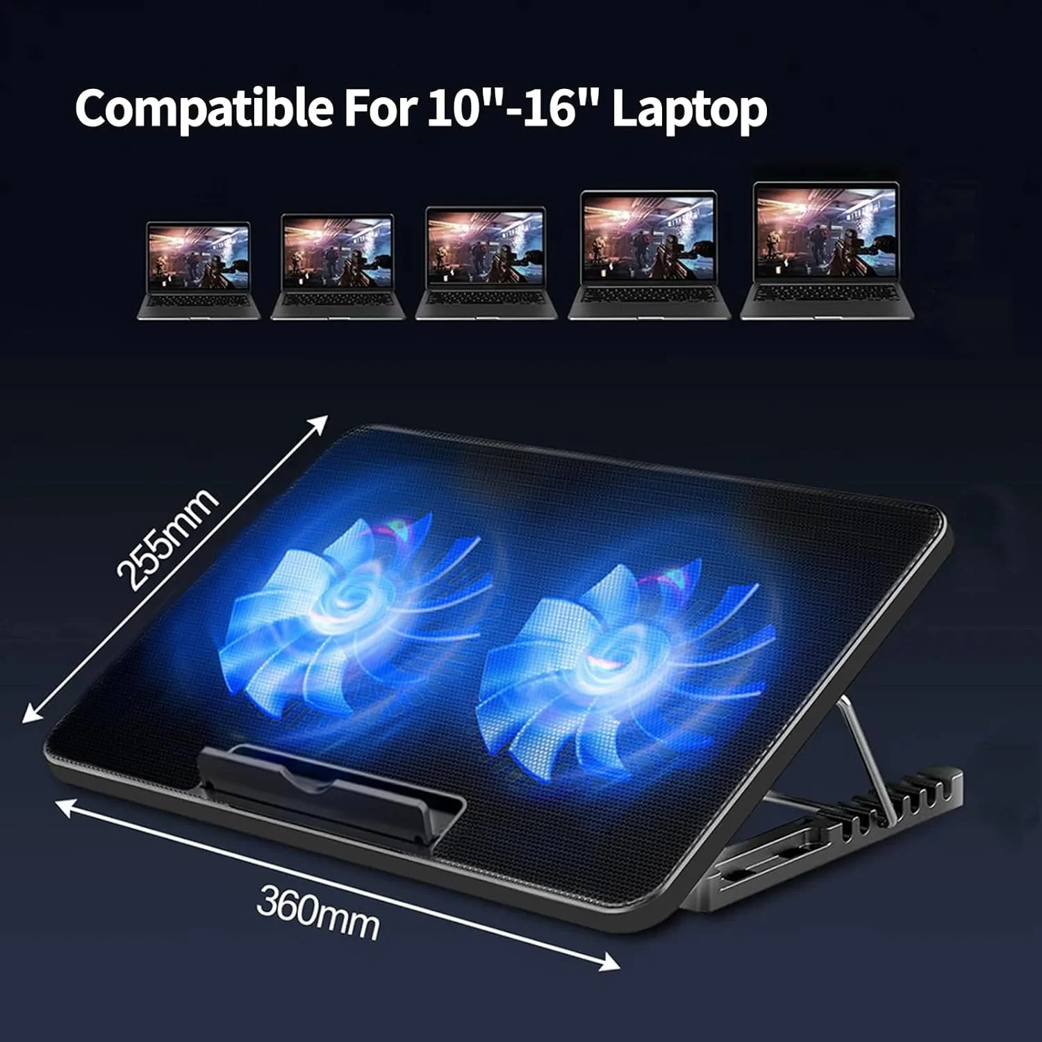 پد خنک کننده لپ تاپ، کولر لپ تاپ گیمینگ برای میز، پایه خنک کننده لپ تاپ با 2 فن بی صدا، کولر نوت بوک گیمینگ برای لپ تاپ های 12-16 اینچی، تشک خنک کننده کامپیوتر با قابلیت تنظیم ارتفاع در 6 حالت، دارای دو پورت USB