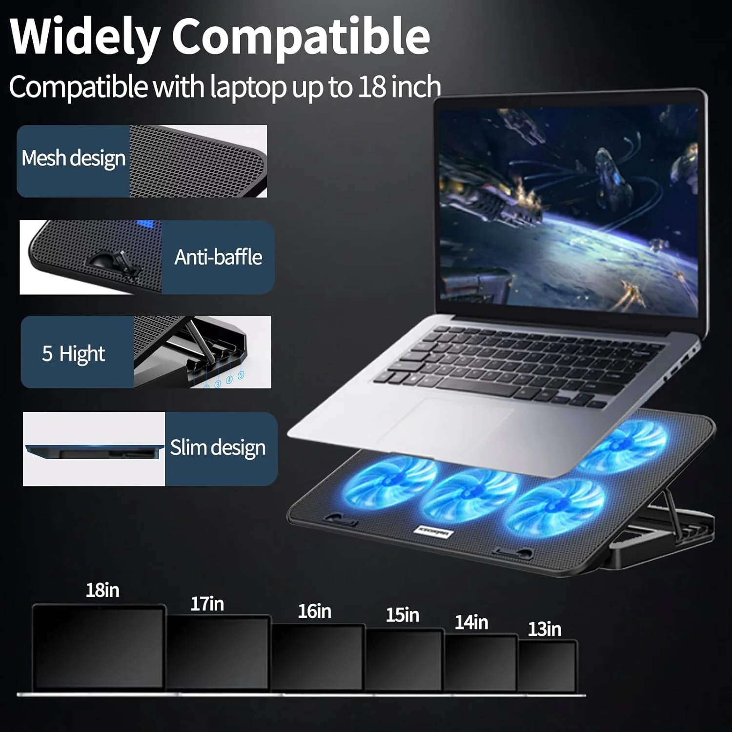 پایه خنک کننده لپ تاپ Lukione با 6 فن خنک کننده بی صدا، دو پورت USB، مناسب برای لپ تاپ های 12-17 اینچی، پایه خنک کننده با ارتفاع قابل تنظیم - ایده آل برای بازی، دفتر کار و استفاده خانگی