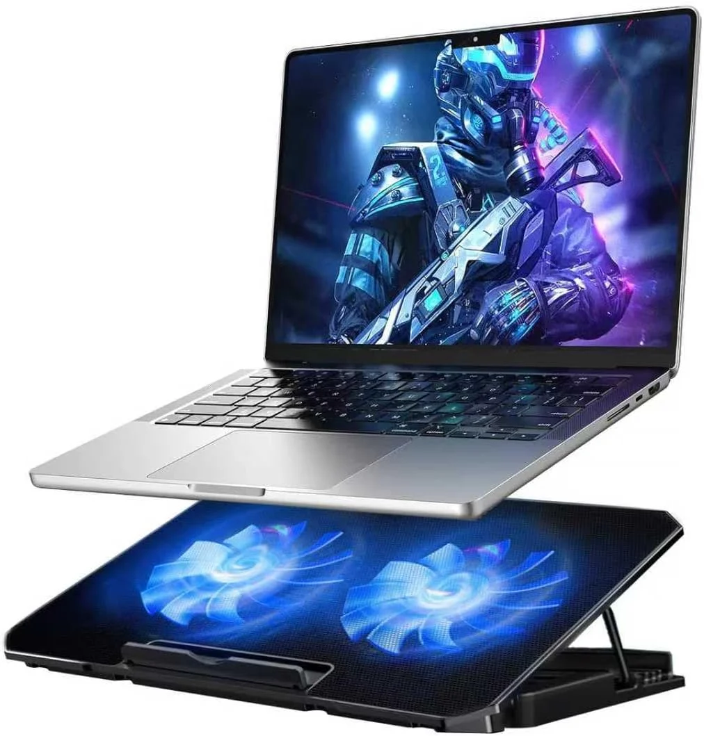 پد خنک کننده لپ تاپ، کولر لپ تاپ گیمینگ برای میز، پایه خنک کننده لپ تاپ با 2 فن بی صدا، کولر نوت بوک گیمینگ برای لپ تاپ های 12-16 اینچی، تشک خنک کننده کامپیوتر با قابلیت تنظیم ارتفاع در 6 حالت، دارای دو پورت USB