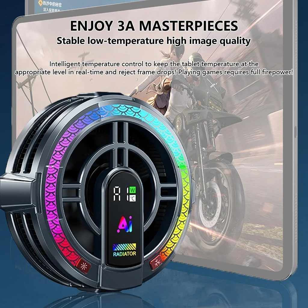 خنک کننده مغناطیسی تبلت، رادیاتور مغناطیسی لپ تاپ با 4 سطح کنترل دما و نور، فن خنک کننده نیمه هادی برای بازی موبایل و پخش زنده