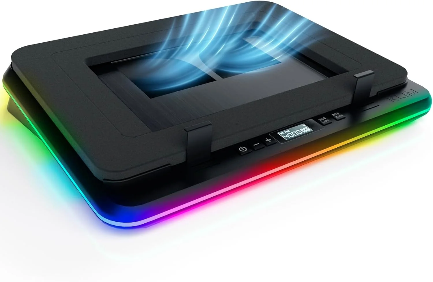 پد خنک کننده لپ تاپ گیمینگ KLIM Turbofrost - 4 فن توربو قدرتمند - 4 عدد 4000 دور در دقیقه، RGB پویا، 4 پورت USB، کولر لپ تاپ 2 حالت قدرت USB-C/DC، فوم مهر و موم شده برای خنک کننده سریع - تا 17 اینچ - مشکی