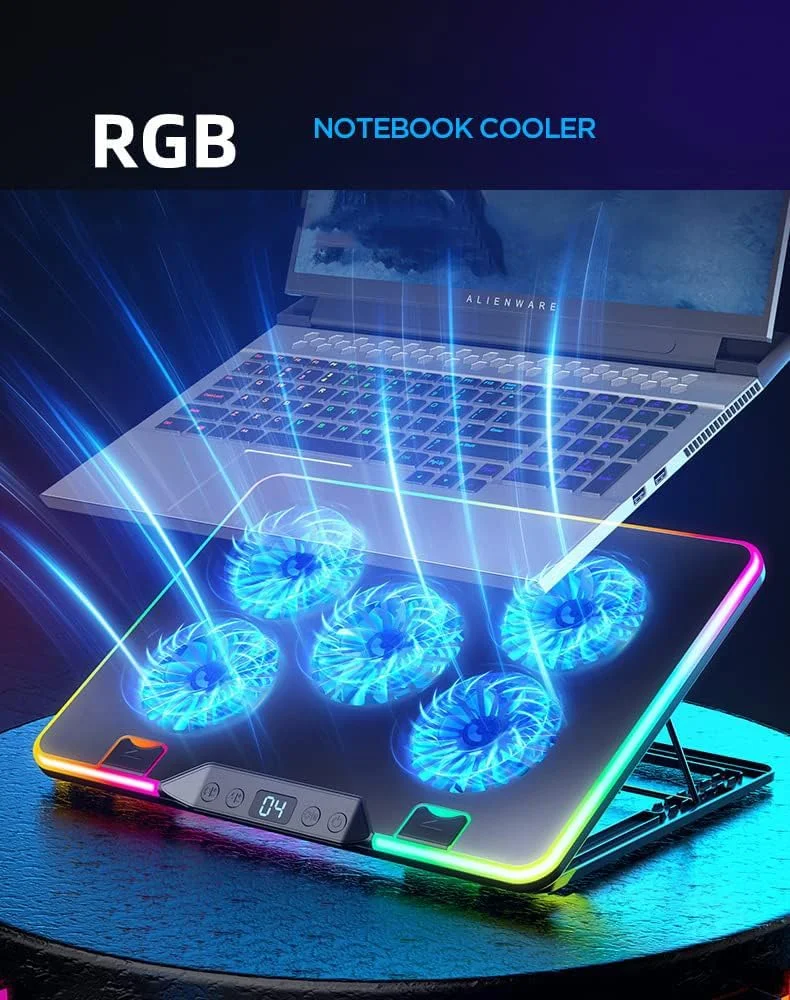 پد خنک کننده لپ تاپ گیمینگ RGB آزون، مناسب برای لپ تاپ های 15.6، 14، 13، 12، 10 اینچی با نورپردازی مهمانی RGB، دارای 5 فن بزرگ با سرعت قابل تنظیم، صفحه نمایش LCD جلو، دکمه های سوئیچ، پایه بلند قابل تنظیم
