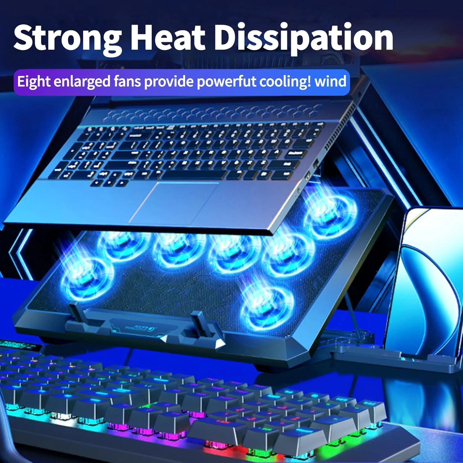 پایه خنک کننده لپ تاپ Moninsta، کولر لپ تاپ با نور RGB و 8 فن برای لپ تاپ های 12.1-17.3 اینچی، پد خنک کننده فن لپ تاپ گیمینگ با 5 پایه ارتفاع و نگهدارنده تلفن