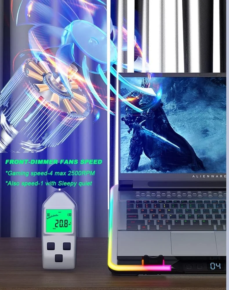 پد خنک کننده لپ تاپ گیمینگ RGB آزون، مناسب برای لپ تاپ های 15.6، 14، 13، 12، 10 اینچی با نورپردازی مهمانی RGB، دارای 5 فن بزرگ با سرعت قابل تنظیم، صفحه نمایش LCD جلو، دکمه های سوئیچ، پایه بلند قابل تنظیم