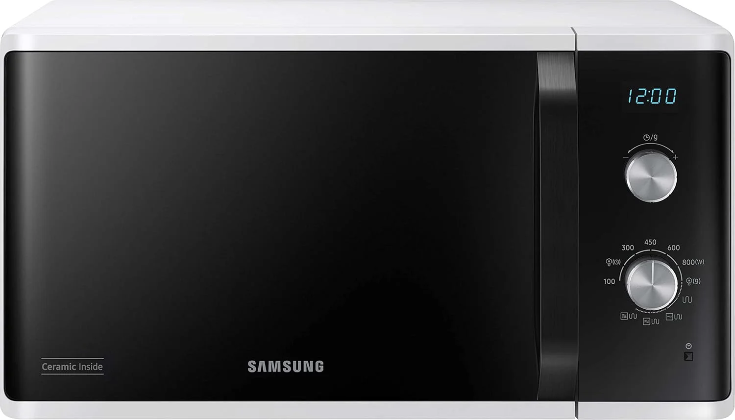 مایکروویو سامسونگ مدل MG23K3614AW/EG با قابلیت گریل / ظرفیت 23 لیتر / توان 800 وات / المنت گریل بزرگ برای قهوه ای شدن یکنواخت / پوشش داخلی سرامیکی ضد خش سفید