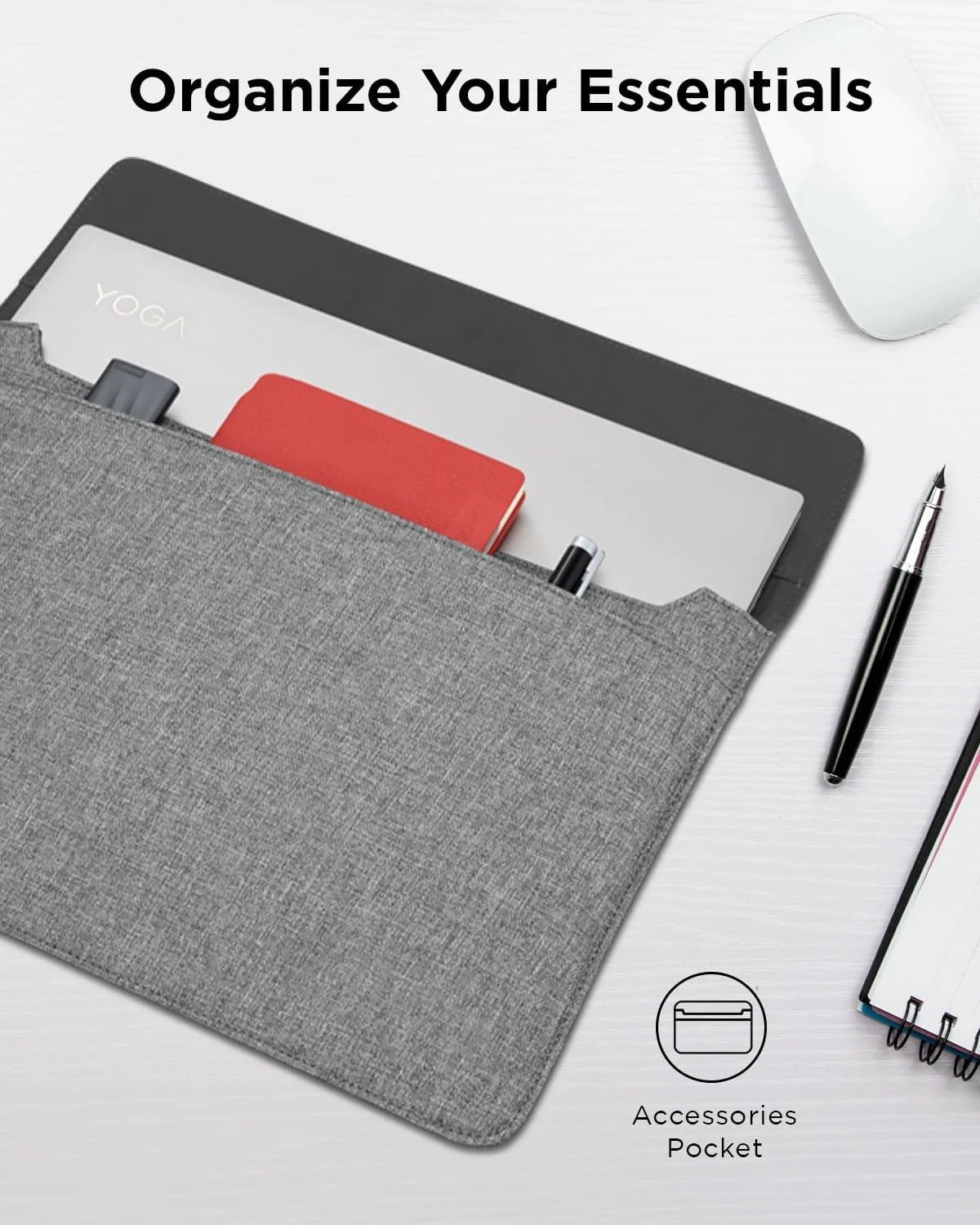 کاور لپ تاپ لنوو thinkplus سایز 13/14 اینچ (S100) - کیف فوق العاده نازک و متناسب با فرم دستگاه، سازگار با MacBook Air، iPad و غیره - کاور پوشه ای سبک وزن با جیب لوازم جانبی و بست مغناطیسی