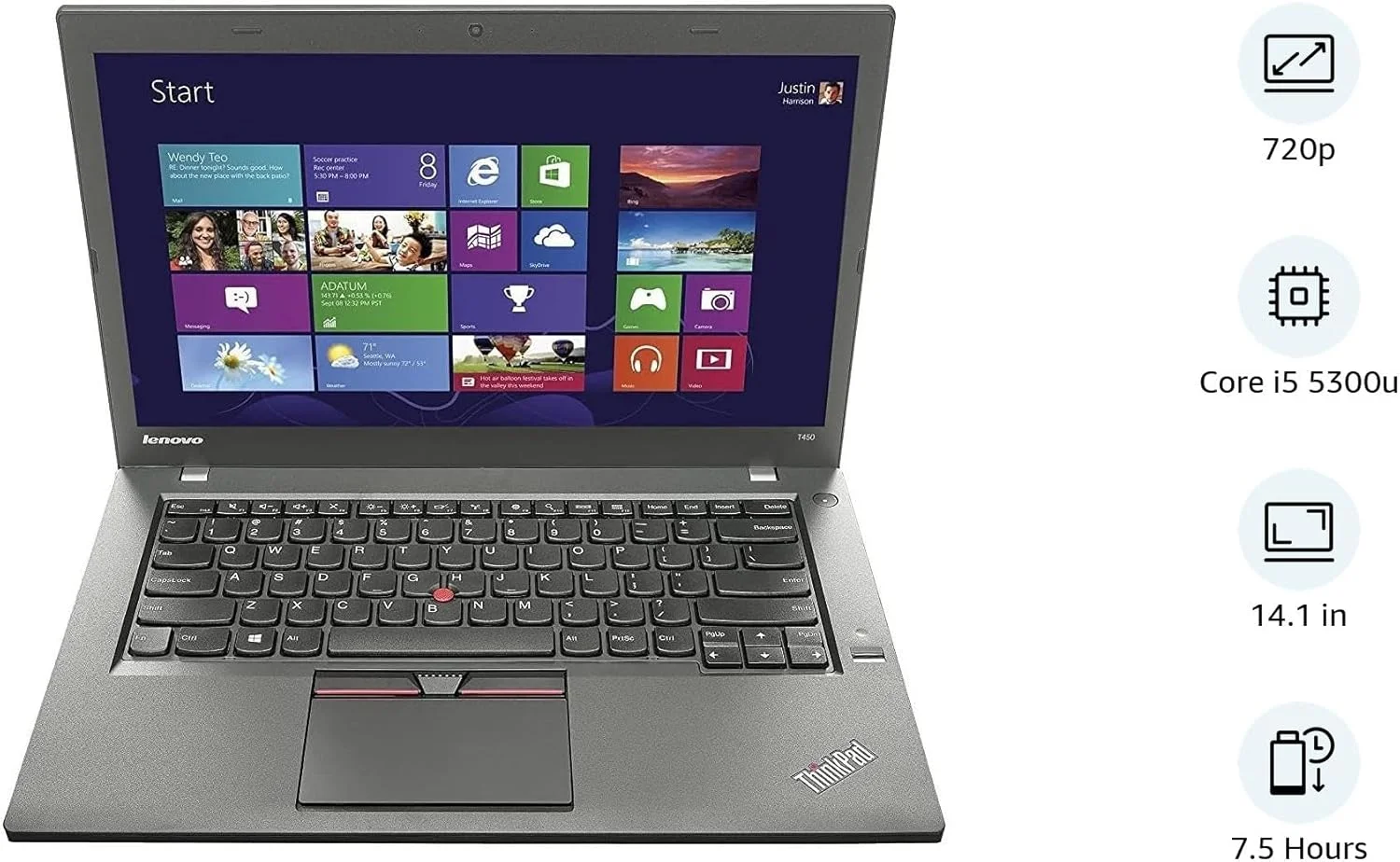 لپ تاپ تجاری لنوو ThinkPad T450 (بازسازی شده)، پردازنده Intel Core i5 نسل پنجم، 8 گیگابایت رم DDR3L، هارد 256 گیگابایتی SSD، صفحه نمایش 14.1 اینچی