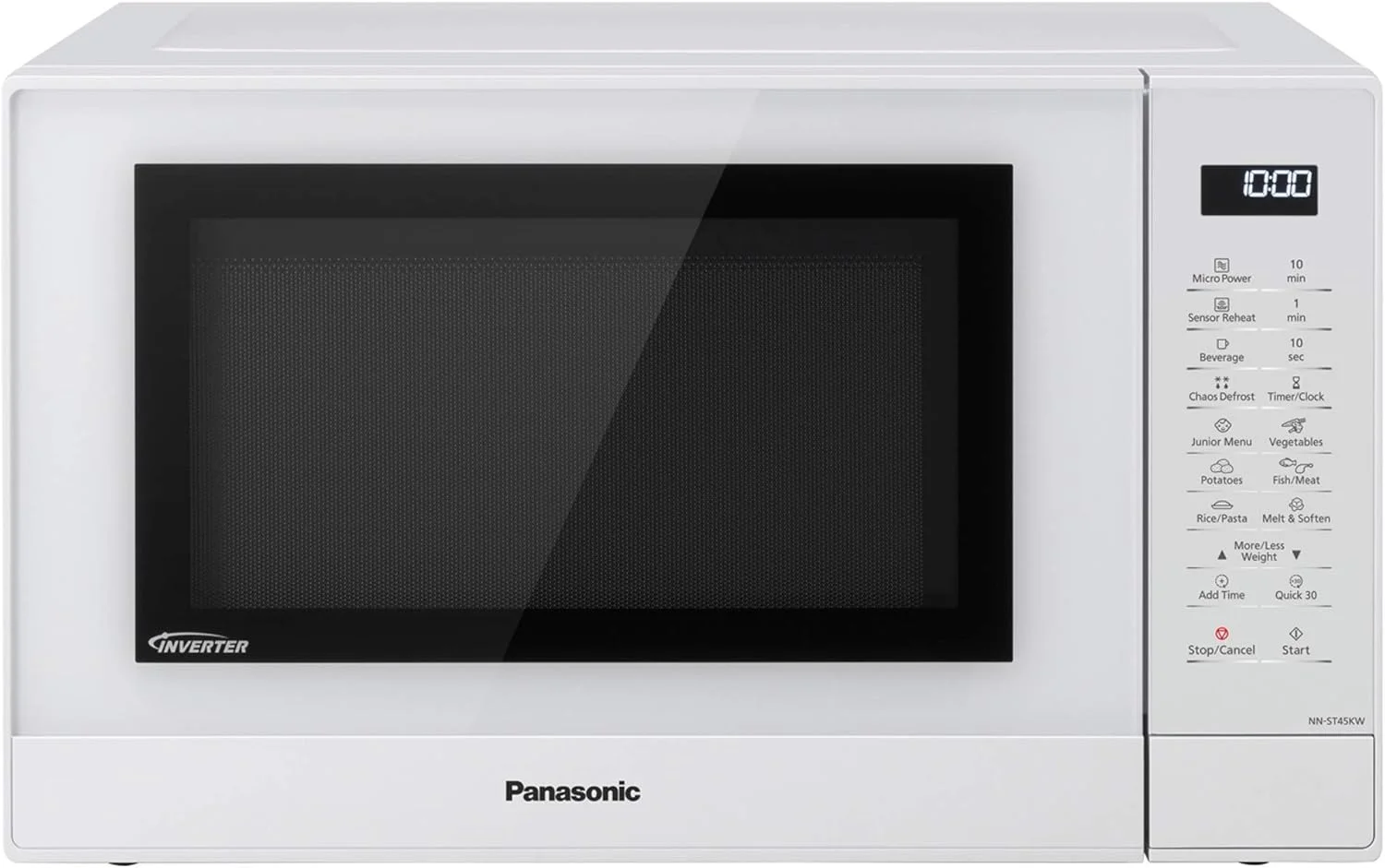 مایکروویو پاناسونیک NN-ST45KWBPQ، 32 لیتر، 1000 وات، دارای سینی گردان، LCD با کاربری آسان، پنل کنترل لمسی، 21 برنامه خودکار با منوی کودک (پوره و فرنی)، لامپ داخلی LED، سفید