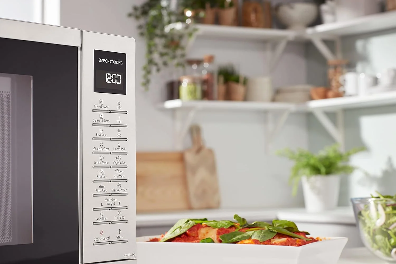 مایکروویو تک پاناسونیک مدل NN-ST48KSBPQ با اینورتر، دارای سینی گردان، 25 برنامه پخت و منوی کودک، 1000 وات، 32 لیتر - نقره ای