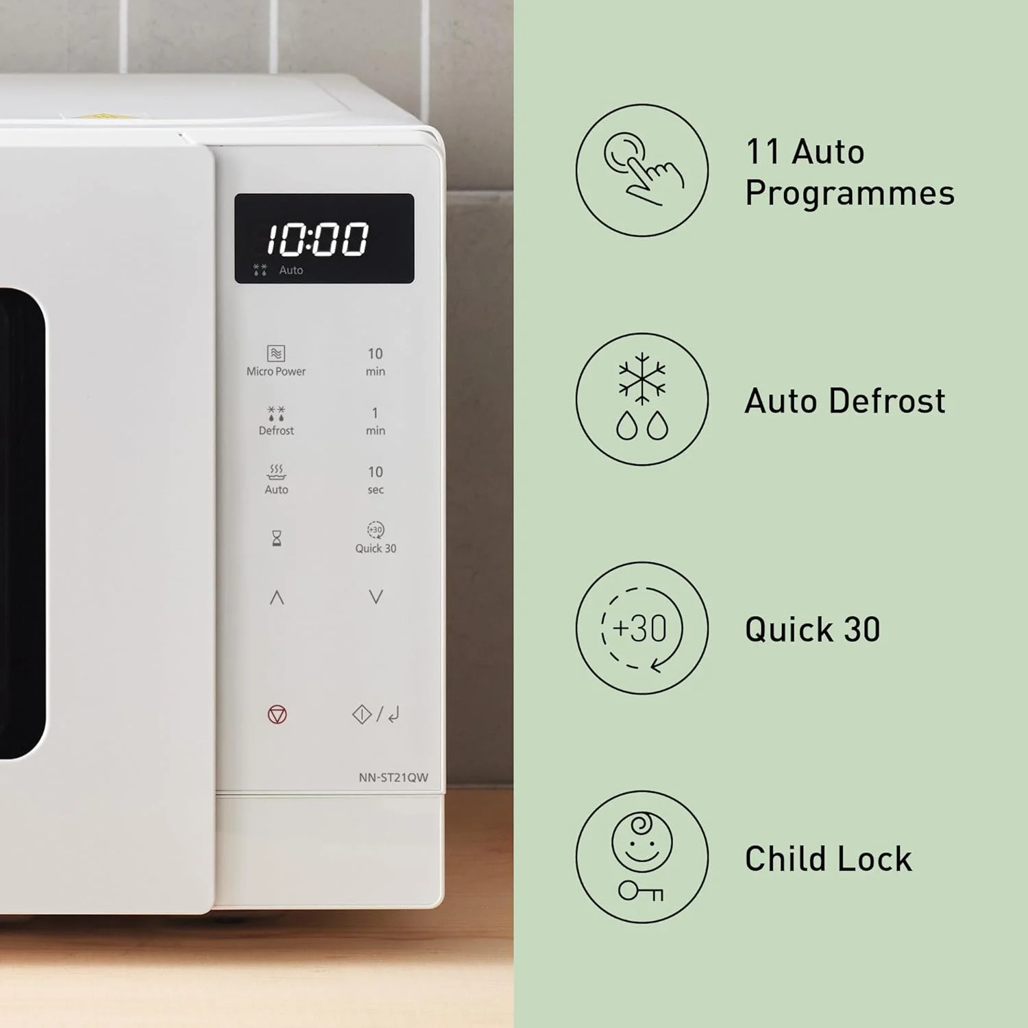 مایکروویو تک پاناسونیک مدل NN-ST21QWEPG با ظرفیت 20 لیتر، سینی شیشه ای، توان 800 وات، یخ زدایی خودکار، 11 برنامه خودکار، نمایشگر LED، 5 سطح قدرت، تایمر دیجیتال، سفید مایکروویو تک پاناسونیک مدل NN-ST21QWEPG با ظرفیت 20 لیتر، سینی شیشه ای، توان 800 وات، یخ زدایی خودکار، 11 برنامه خودکار، نمایشگر LED، 5 سطح قدرت، تایمر دیجیتال، سفید