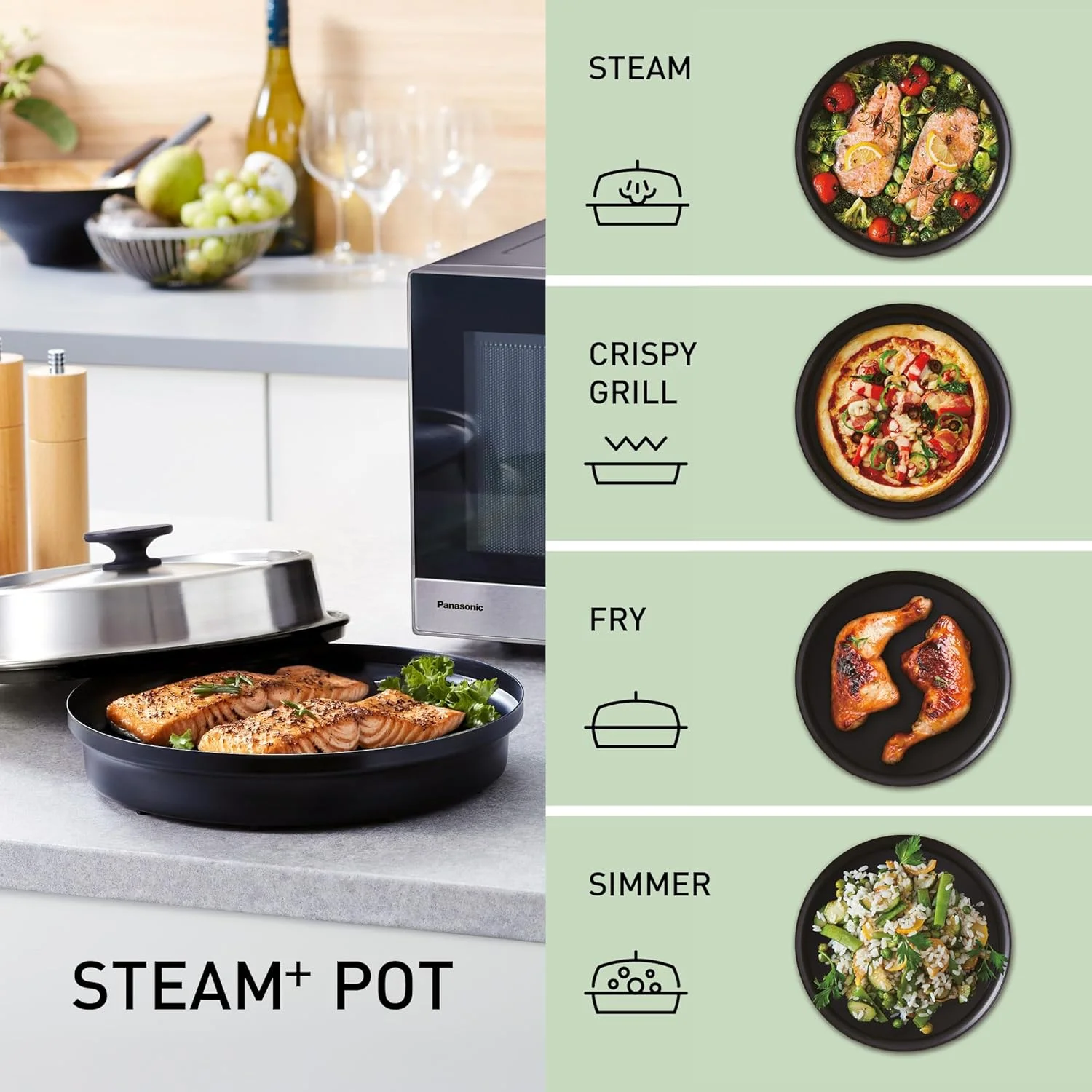 مایکروویو گریل پاناسونیک NN-GD39QSEPG با ظرفیت 29 لیتر، بدنه استیل ضد زنگ، به همراه ظرف بخارپز، توان 1000 وات، یخ زدایی خودکار، دارای دکمه چرخشی و لوازم جانبی