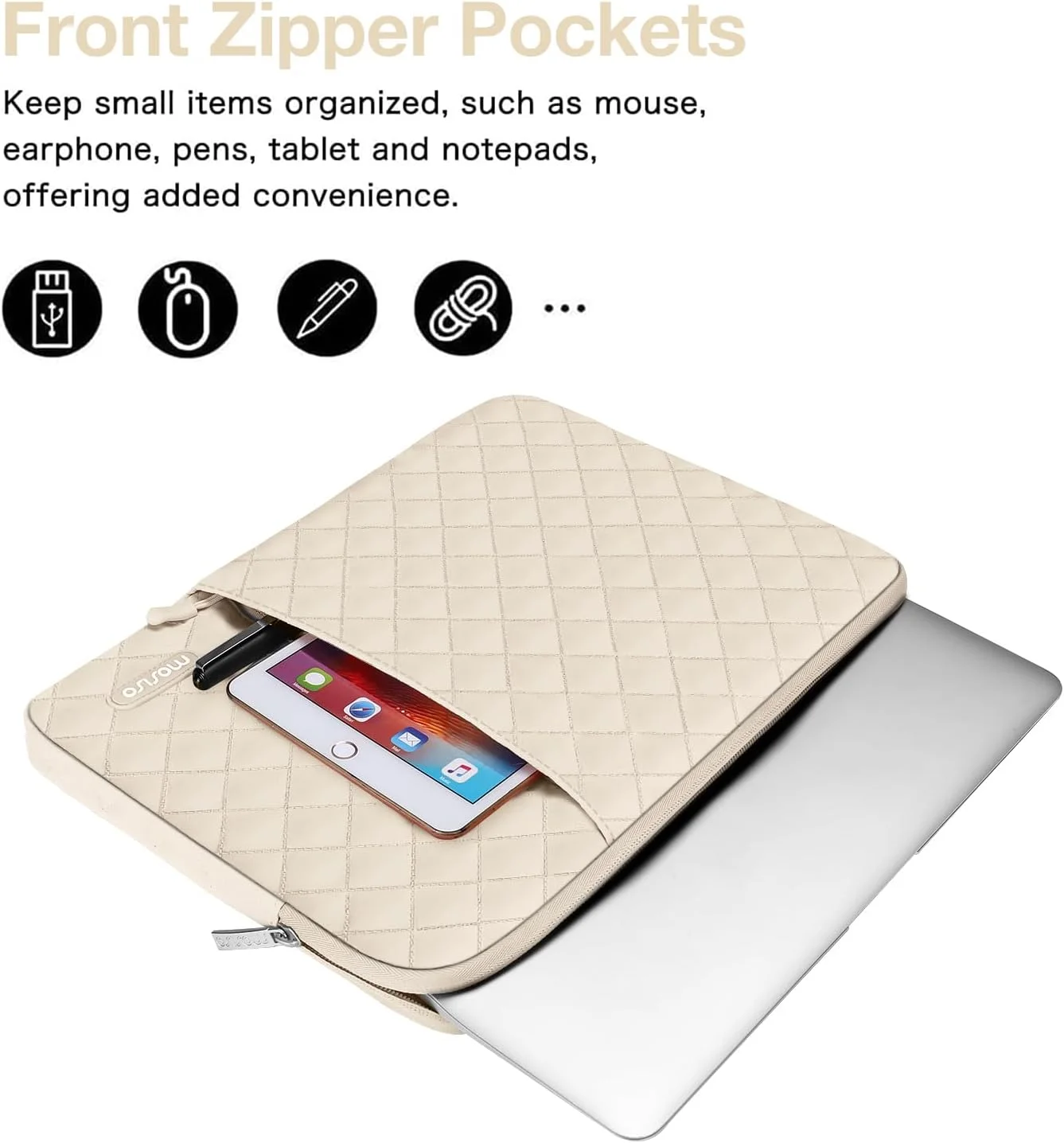 کیف لپ تاپ MOSISO سایز 13.3 اینچ، کیف آستین لپ تاپ 13-14 اینچی سازگار با MacBook Air/Pro 13 / Pro 14، نوت بوک HP Dell ASUS، کیف کامپیوتر عمودی لحافی مربعی با جیب و کیف کوچک، رنگ Sand