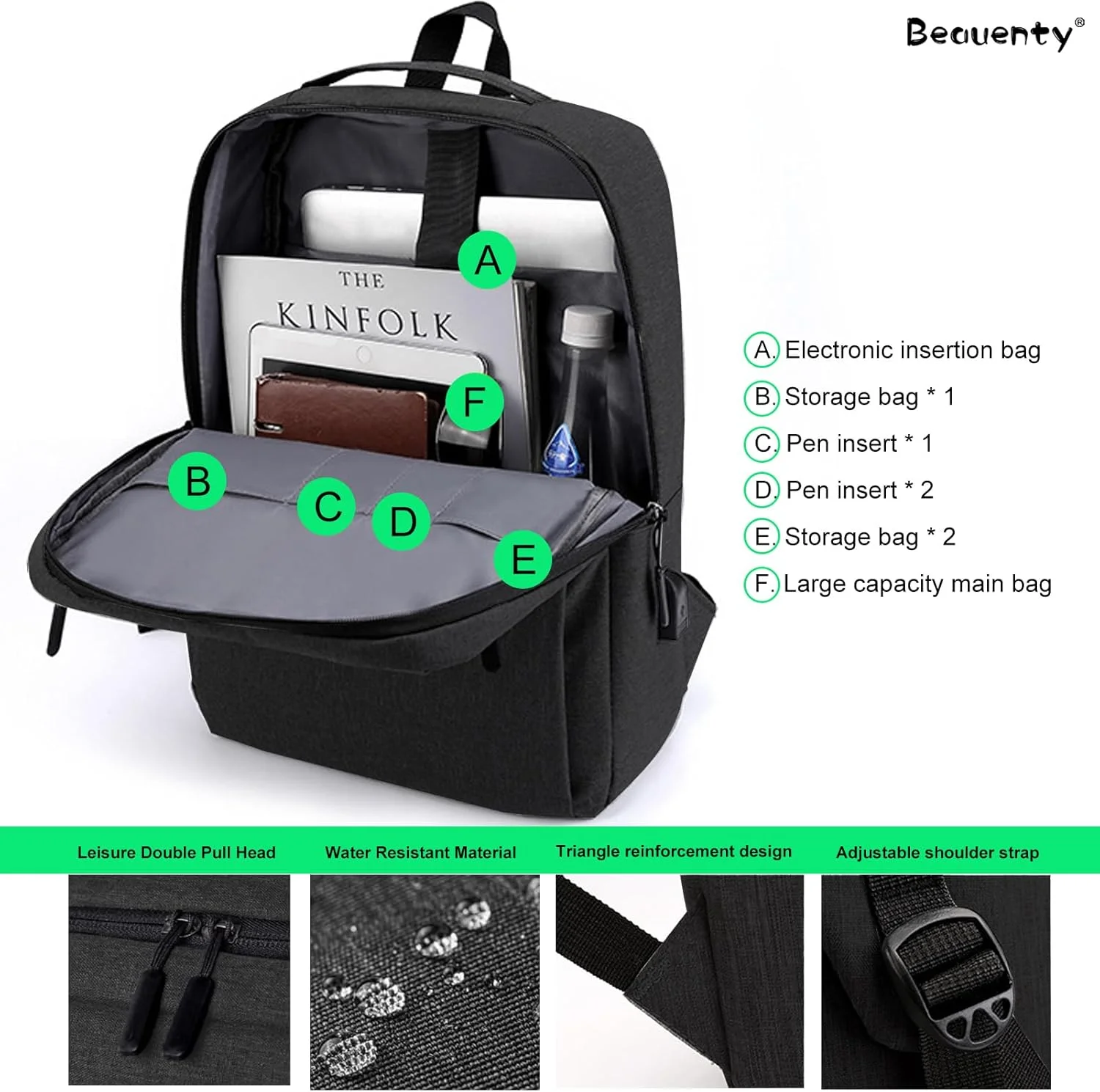 کیف لپ تاپ ضد آب تجاری Beauenty 15 اینچی، کوله پشتی مسافرتی با محفظه لپ تاپ و شارژ USB، کیف تجاری بادوام کیف لپ تاپ ضد آب تجاری Beauenty 15 اینچی، کوله پشتی مسافرتی با محفظه لپ تاپ و شارژ USB، کیف تجاری بادوام