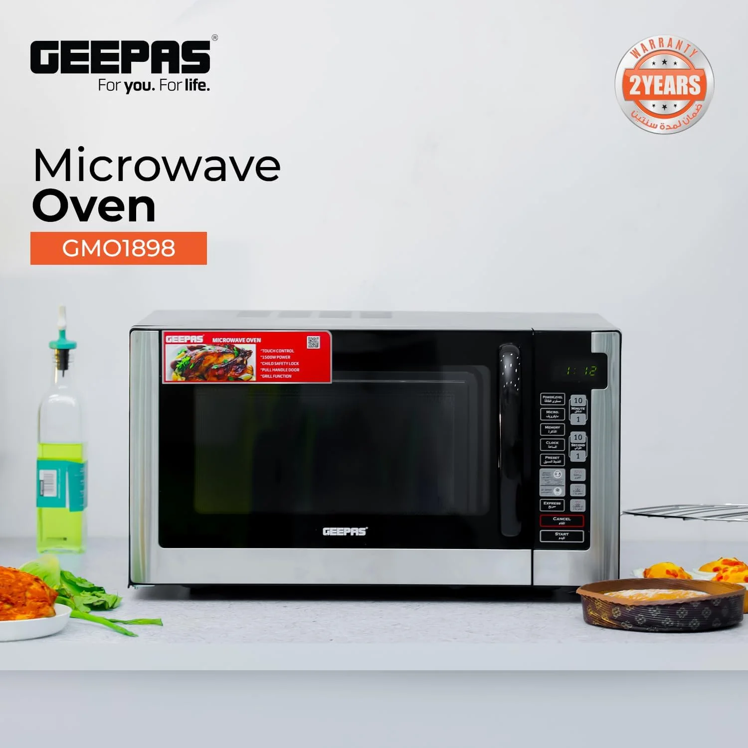مایکروویو دیجیتال 40 لیتری جیپاس مدل GMO1898 - 1500 وات با منوهای پخت چندگانه و پنل کنترل عربی | عملکرد گرم کردن مجدد و یخ زدایی | درب دستگیره دار، کنترل های دیجیتال مایکروویو دیجیتال 40 لیتری جیپاس مدل GMO1898 - 1500 وات با منوهای پخت چندگانه و پنل کنترل عربی | عملکرد گرم کردن مجدد و یخ زدایی | درب دستگیره دار، کنترل های دیجیتال