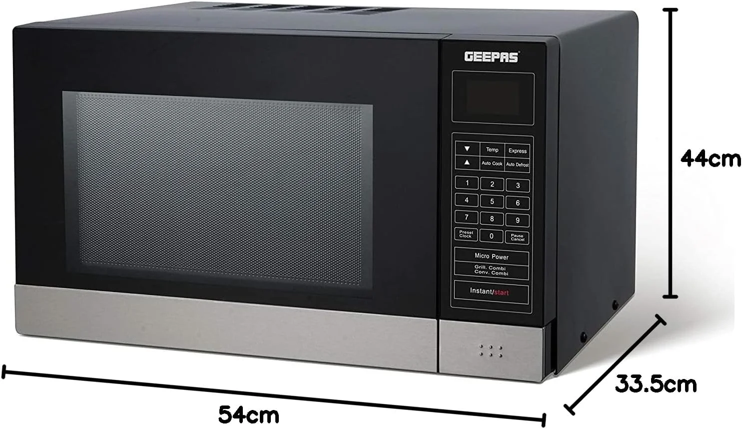 مایکروویو دیجیتال 30 لیتری Geepas مدل GMO2706CB - مایکروویو 1400 وات | منوهای پخت و پز متعدد | عملکرد گرم کردن مجدد، یخ زدایی و گریل | صفحه گردان شیشه ای 270 میلی متری