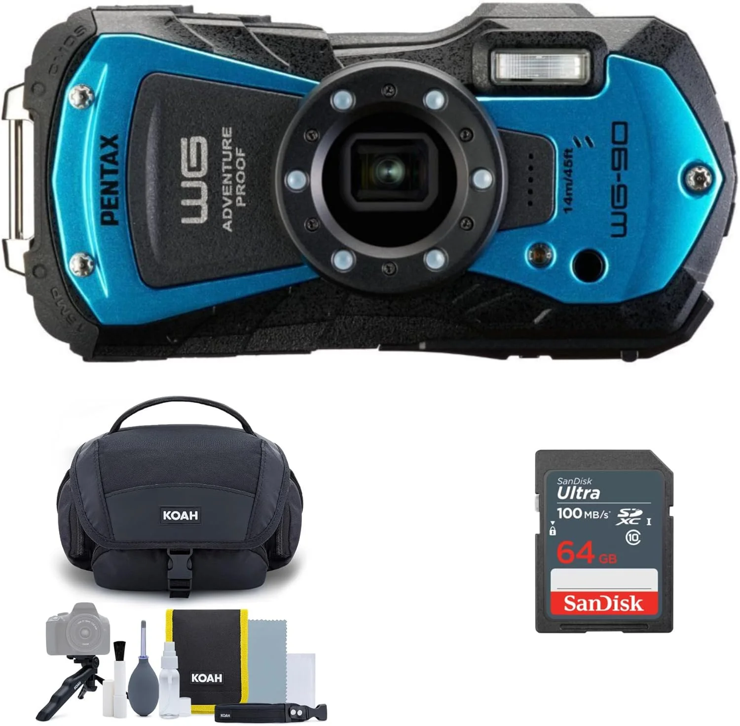 دوربین کامپکت PENTAX WG-90 (آبی) همراه با کیف لوازم جانبی و کارت حافظه 64 گیگابایتی Ultra SDXC UHS-I (3 قطعه)