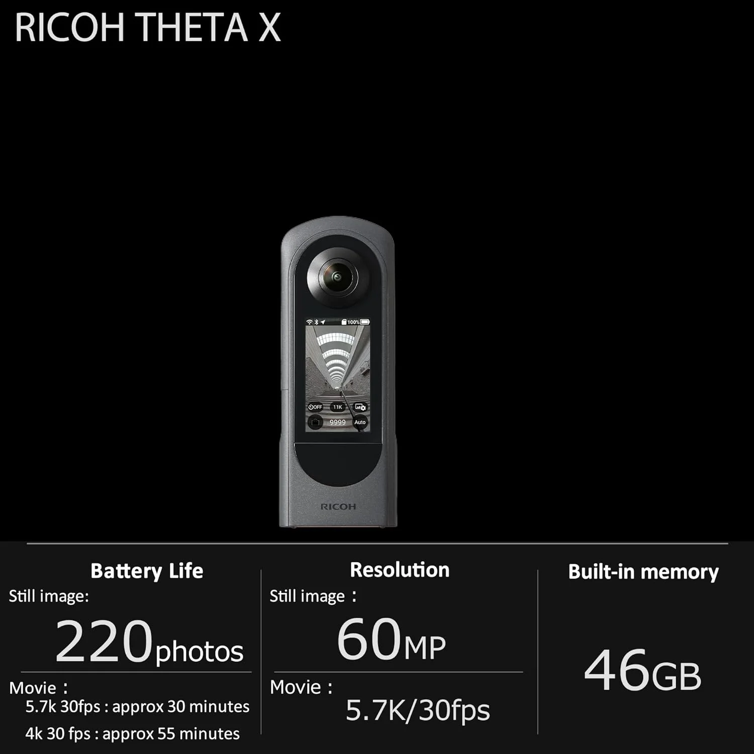 دوربین 360 درجه Ricoh Theta X، تصویر با وضوح بالا تقریباً 60 مگاپیکسل، 5.7K 360، صفحه لمسی