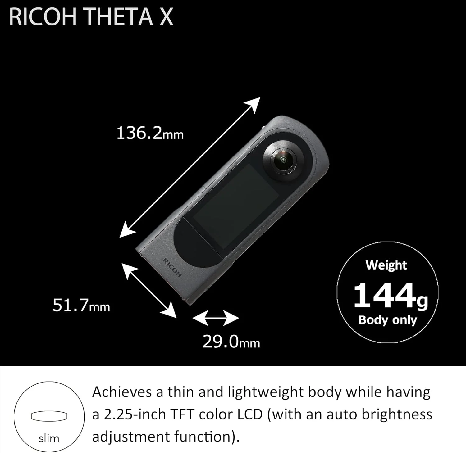 دوربین 360 درجه Ricoh Theta X، تصویر با وضوح بالا تقریباً 60 مگاپیکسل، 5.7K 360، صفحه لمسی