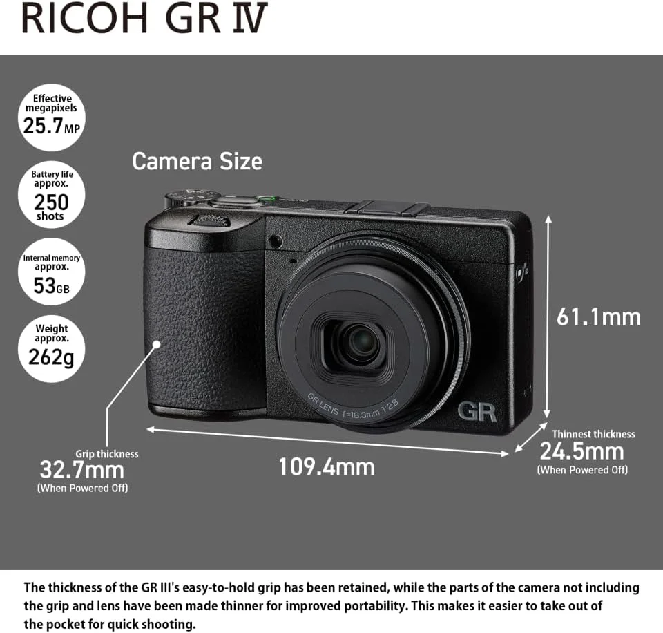 دوربین دیجیتال کامپکت پریمیوم Ricoh GR IV [فاصله کانونی 28 میلی‌متر] [حسگر CMOS سایز APS-C با 25.7 مگاپیکسل] [راه‌اندازی سریع در ~0.6 ثانیه] [فوکوس خودکار سریع] [ISO 204800] [بهترین دوربین عکاسی فوری]