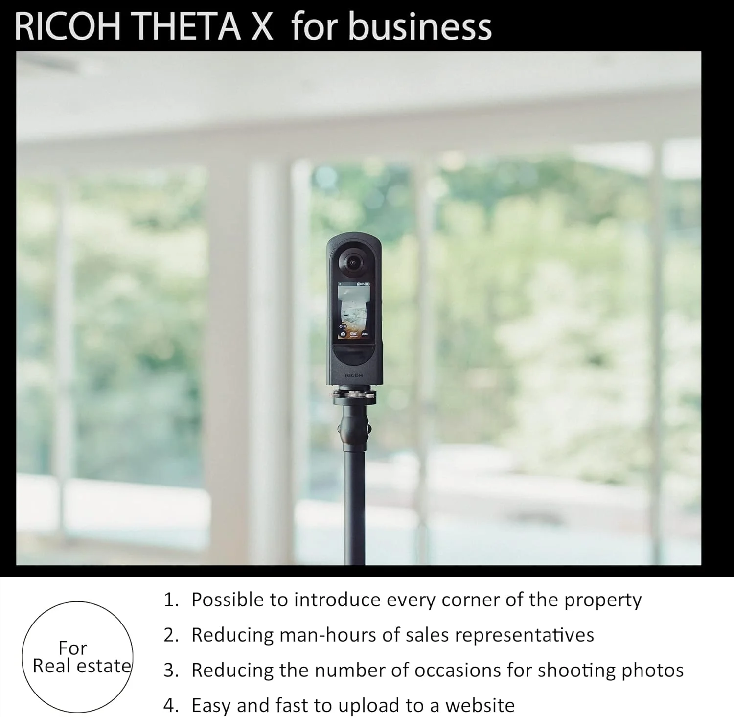دوربین 360 درجه Ricoh Theta X، تصویر با وضوح بالا تقریباً 60 مگاپیکسل، 5.7K 360، صفحه لمسی