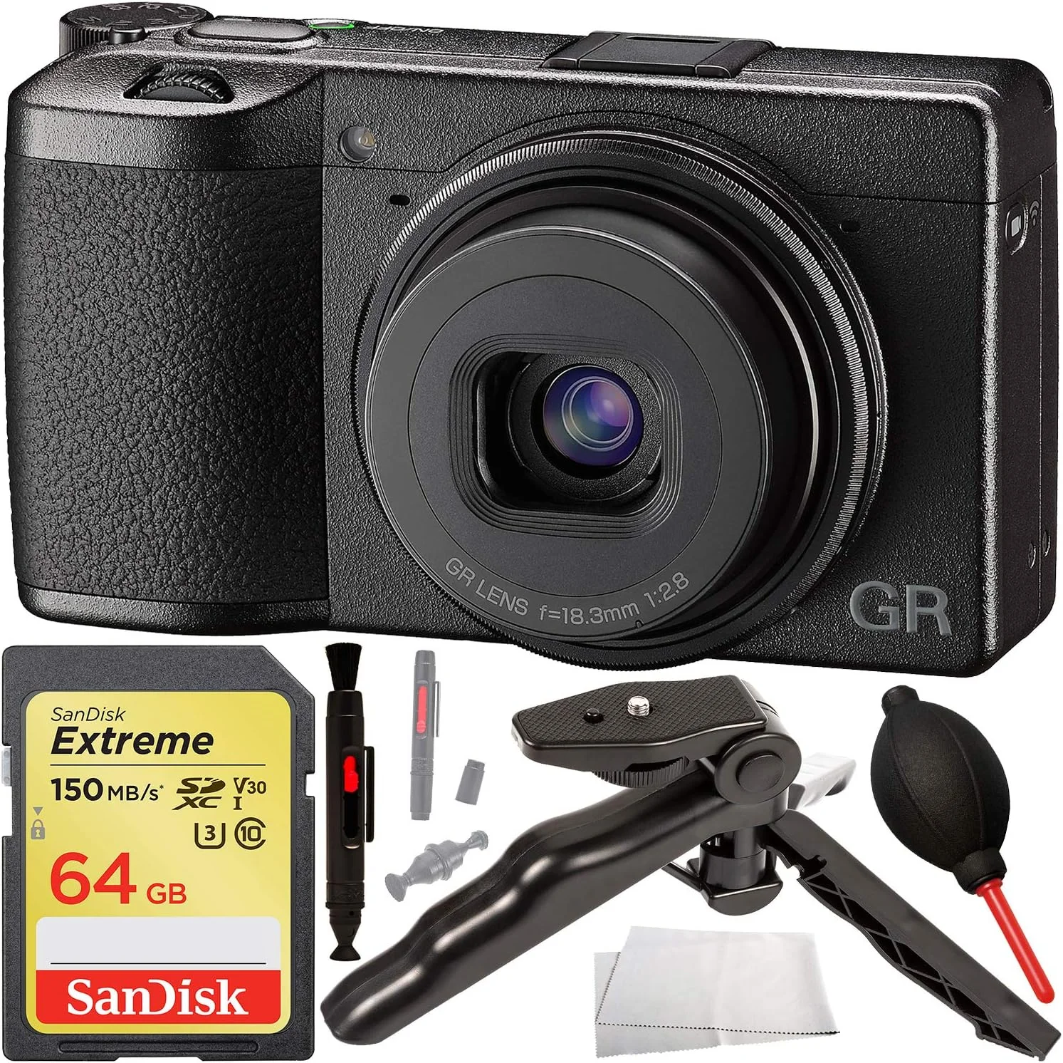 دوربین دیجیتال Ricoh GR III به همراه بسته لوازم جانبی اولیه - شامل: کارت حافظه SanDisk Extreme 64GB SDXC + سه پایه رومیزی/دسته تفنگی 6.5 اینچی + قلم تمیز کننده + دمنده گرد و غبار + پارچه تمیز کننده میکروفیبر