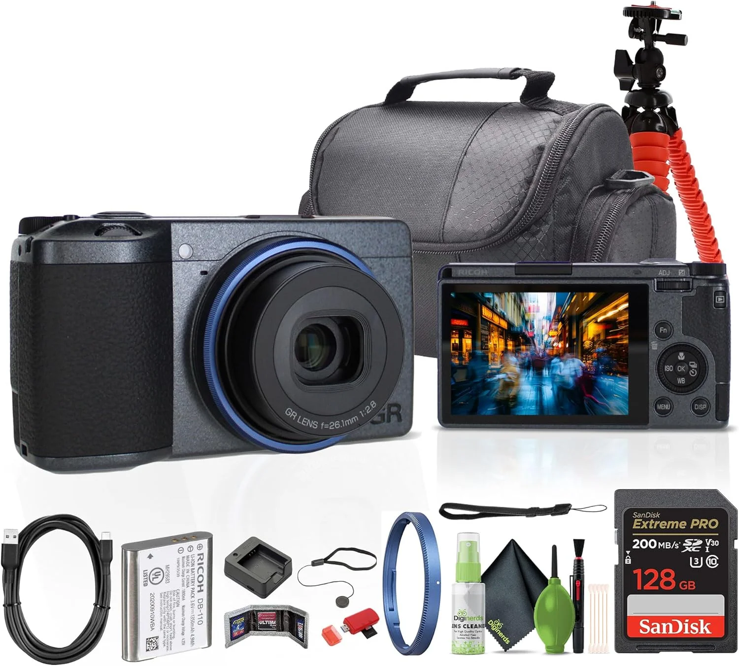 دوربین دیجیتال کامپکت و قابل حمل Ricoh GR IIIx Urban Edition (01158) + کارت حافظه 64 گیگابایتی + کیف دوربین + سه پایه انعطاف پذیر + کیت تمیز کننده + کیف کارت + کارت خوان + درب لنز