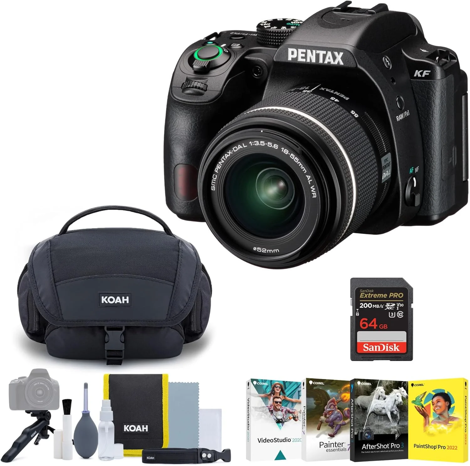 دوربین DSLR پنتاکس KF (مشکی) و بسته لنز PENTAX DA L 18-55mm F3.5-5.6 AL WR به همراه کیت لوازم جانبی، نرم افزار ویرایش عکس و کارت حافظه (4 قلم)