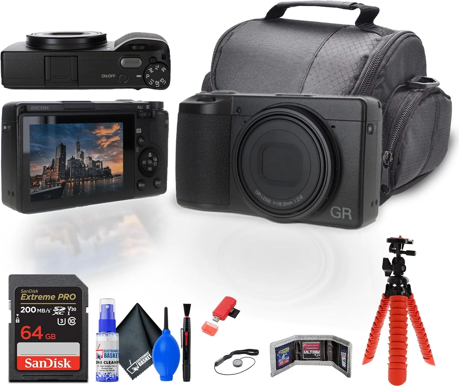 بسته دوربین دیجیتال Ricoh GR III HDF: کارت حافظه 64 گیگابایتی، کارت خوان، کیف، کیت تمیز کننده، گریپ